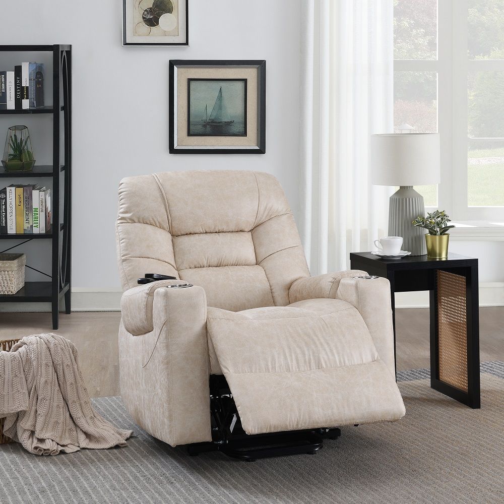 Nairi - Power Recliner With Lift & Heating & Massage - Ivory Leather Aire, beige