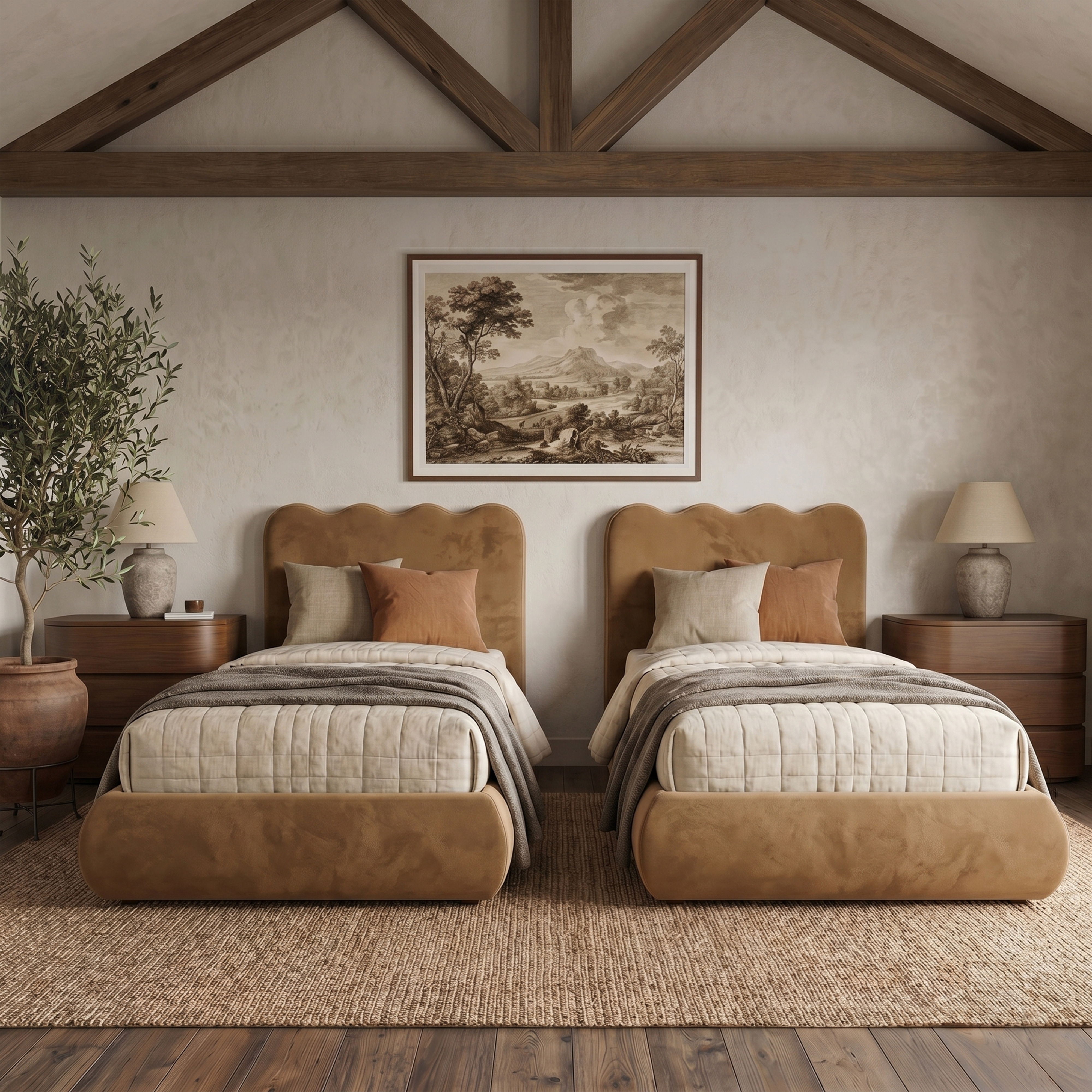 Tempo - Velvet Upholstered Twin Bed - Saddle