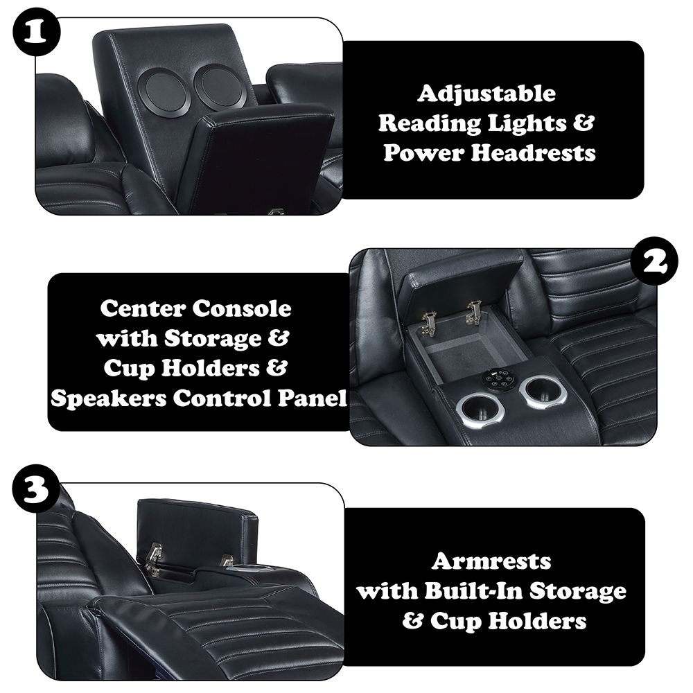 Ephron - Power Motion Loveseat With Console, Power Headrests, LED & Speakers - Black, black, view 8