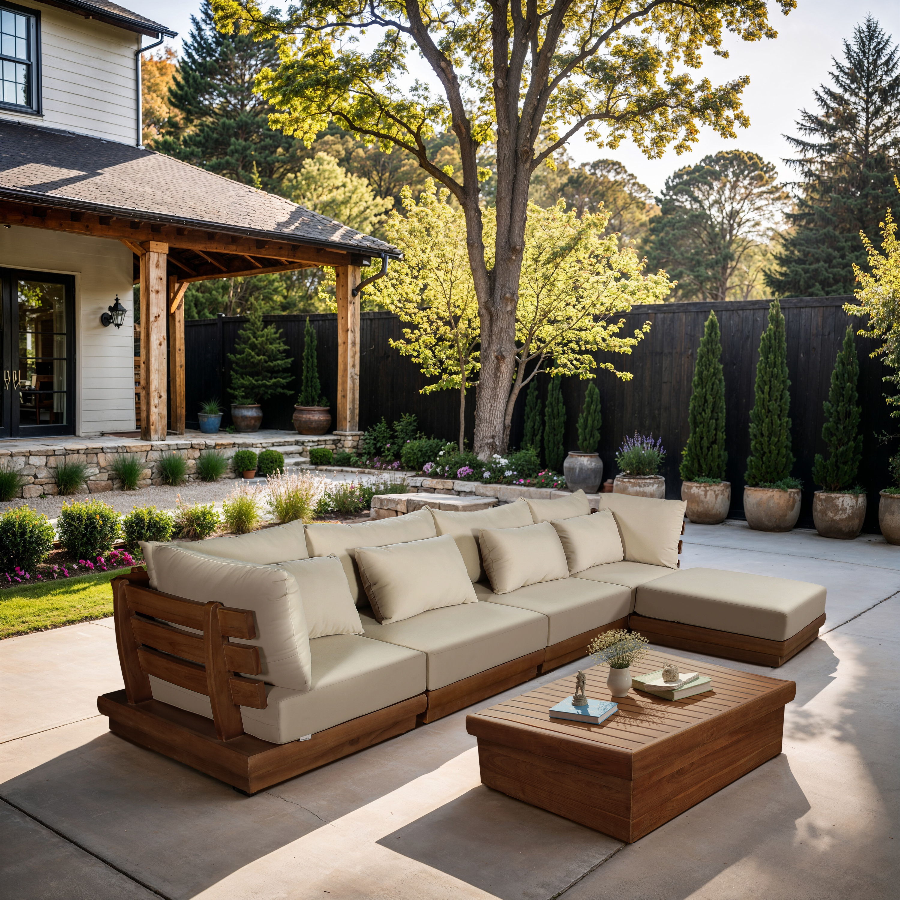 Mirella - 5 Piece Water Resistant Fabric 150" Outdoor Patio Modular Sectional - Tan