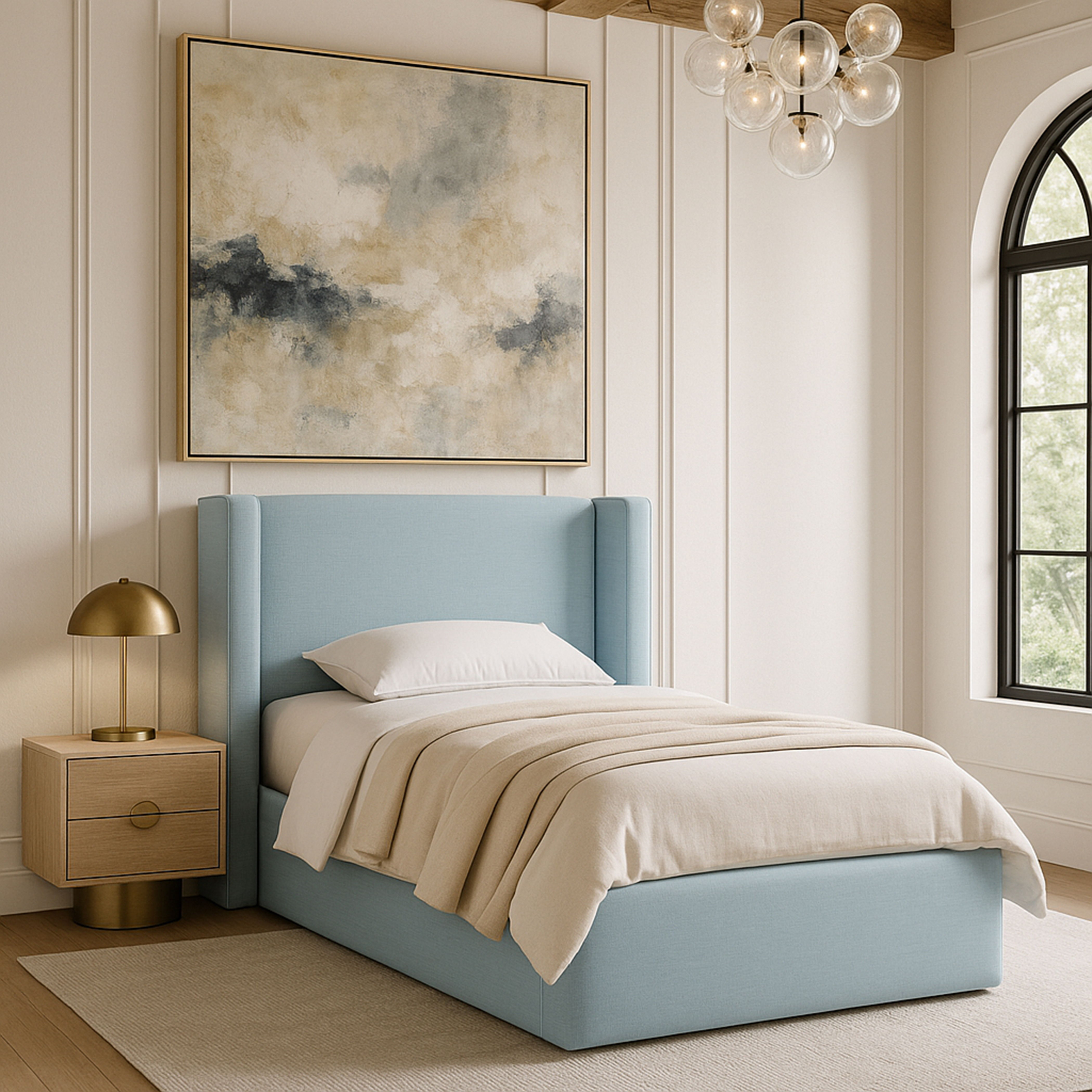 Kendall - Linen Textured Fabric Upholstered Twin Bed - Light Blue