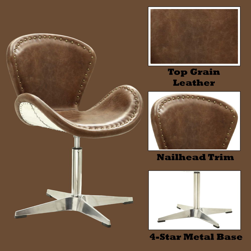 Brancaster - 33" Accent Chair With Swivel - Retro Brown Top Grain Leather & Aluminum, light brown, view 2