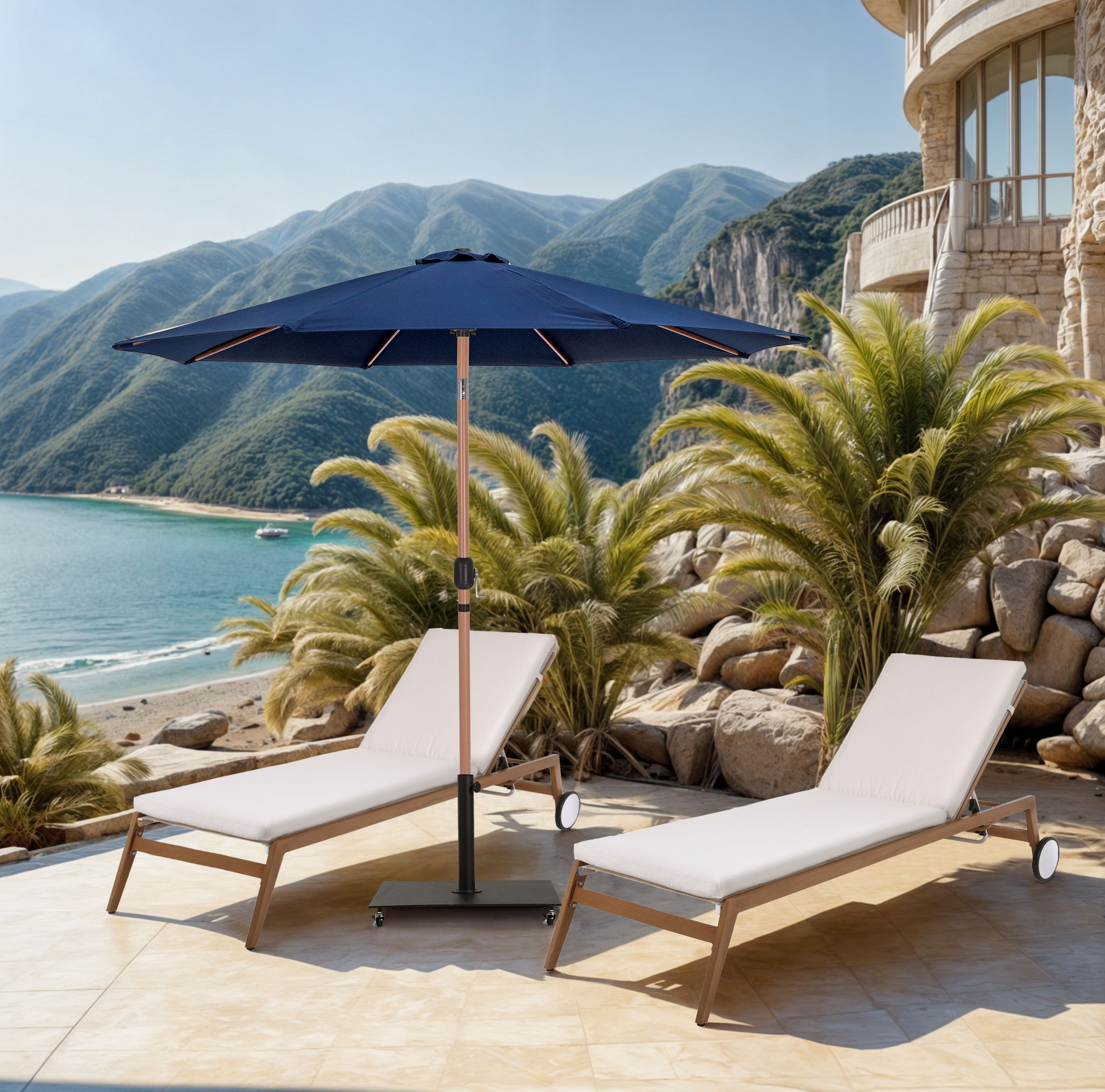Fiji - Aluminum Patio Umbrella With Square Black And Teak Base - Navy