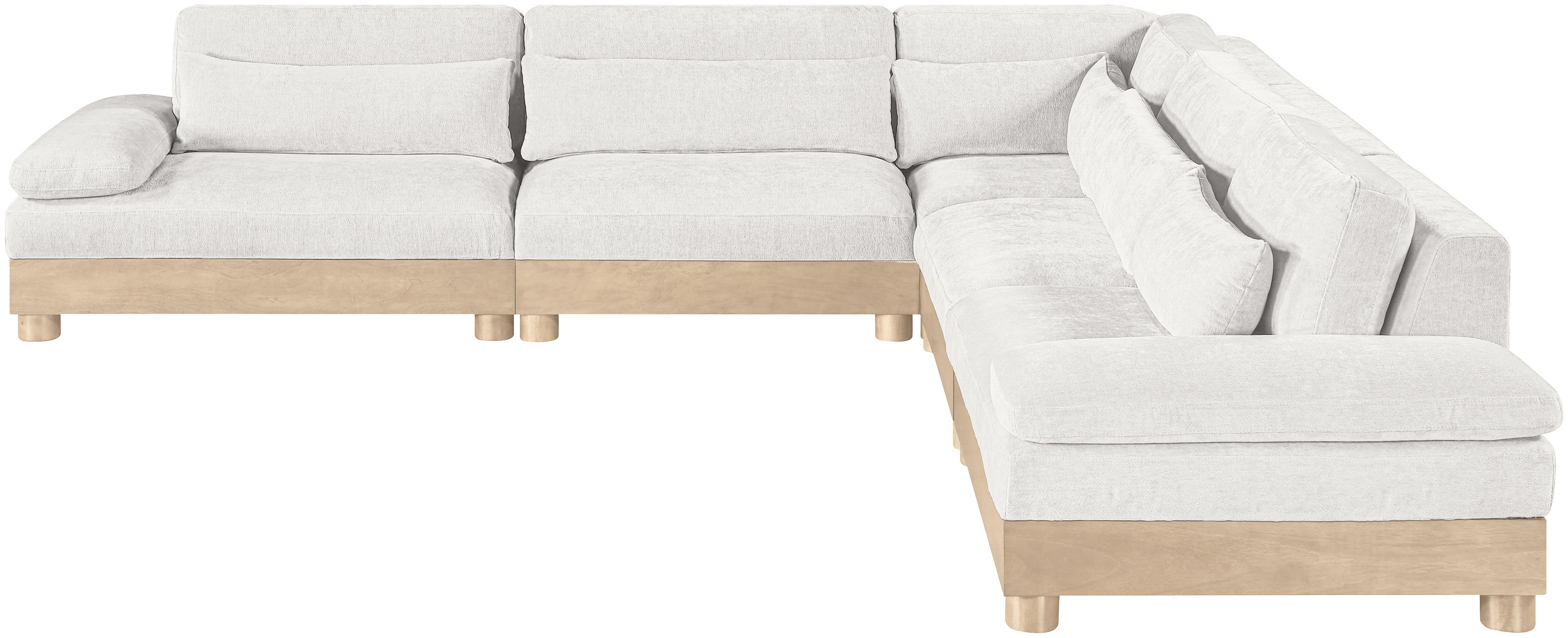 Turin - 127.75" Chenille Fabric Upholstered 5 Piece Modular Sectional (2 Armless Chairs, Corner Chair, Left Arm Chair, Right Arm Chair) - Cream / Natural Oak