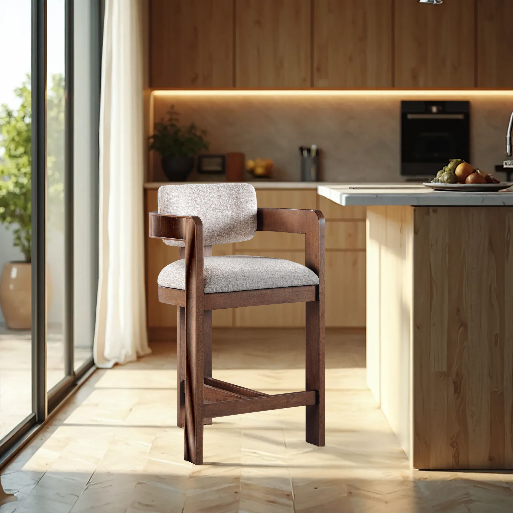 Sacha - Linen Stool With Brown Base - Beige