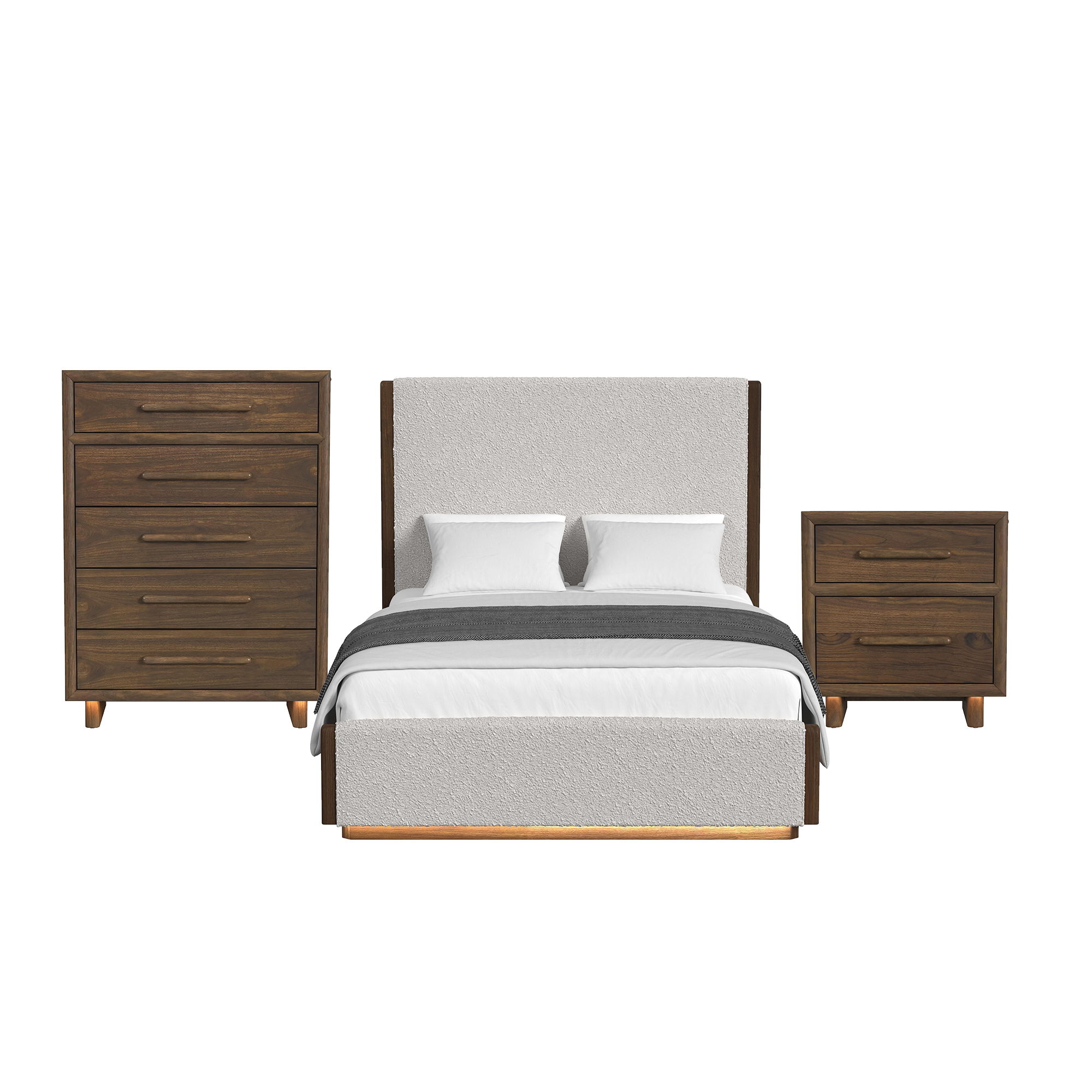 Brisbane - Queen Upholstered 3 Piece Bedroom Set With Boucle And LED - Beige / Brown