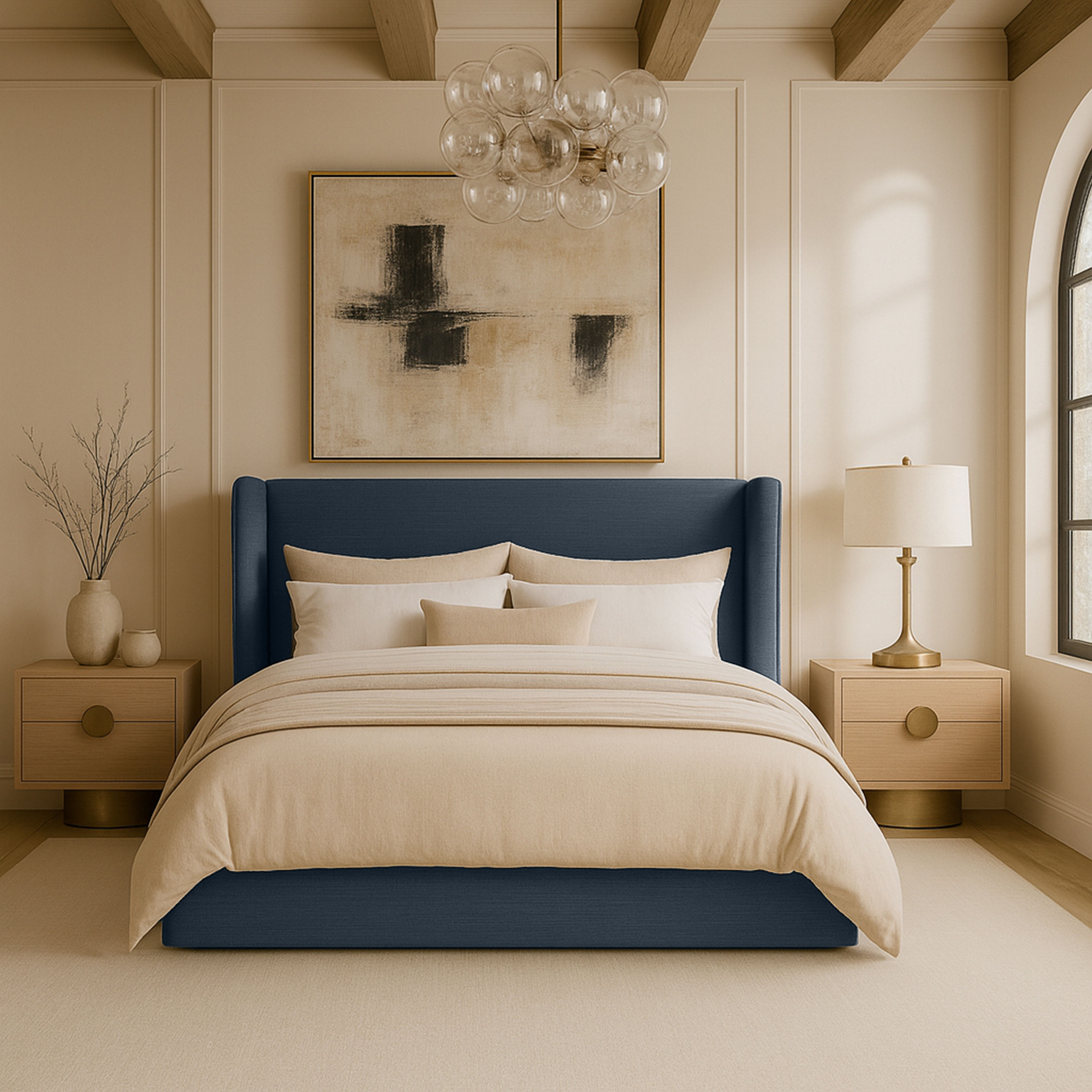 Kendall - Linen Textured Fabric Upholstered Queen Bed - Navy