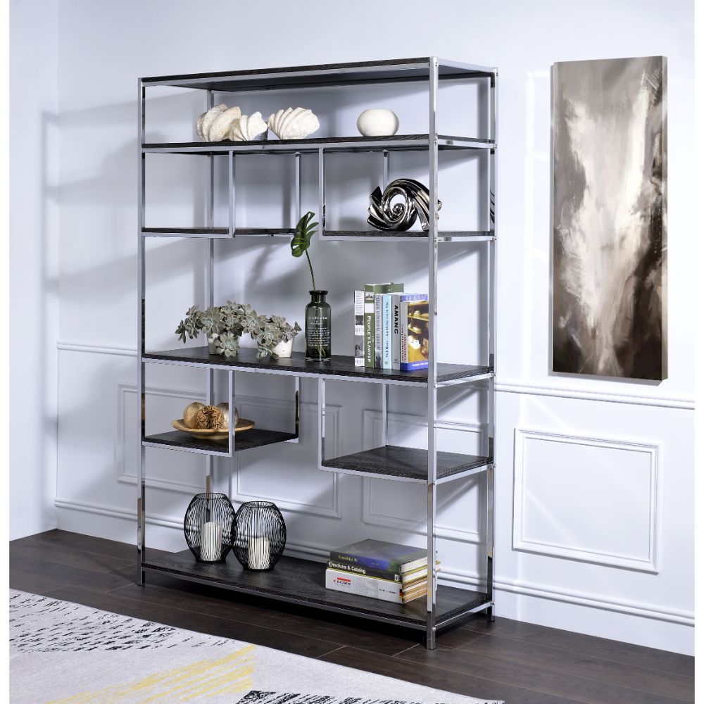 Vonara - Bookshelf - Rustic Gray Oak & Chrome, dark gray, view 4