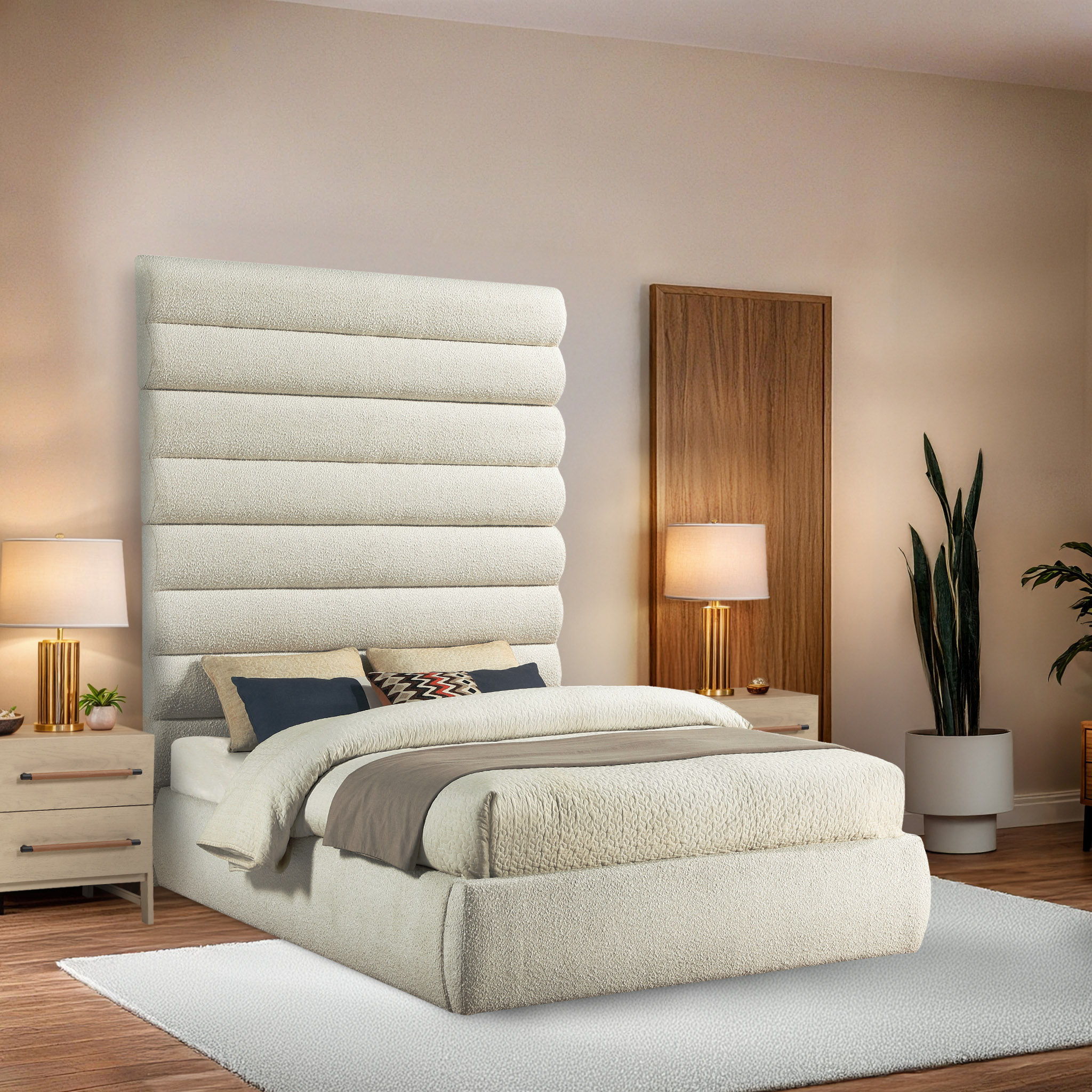Adam - Boucle Fabric Queen Bed With 89" Headboard - White