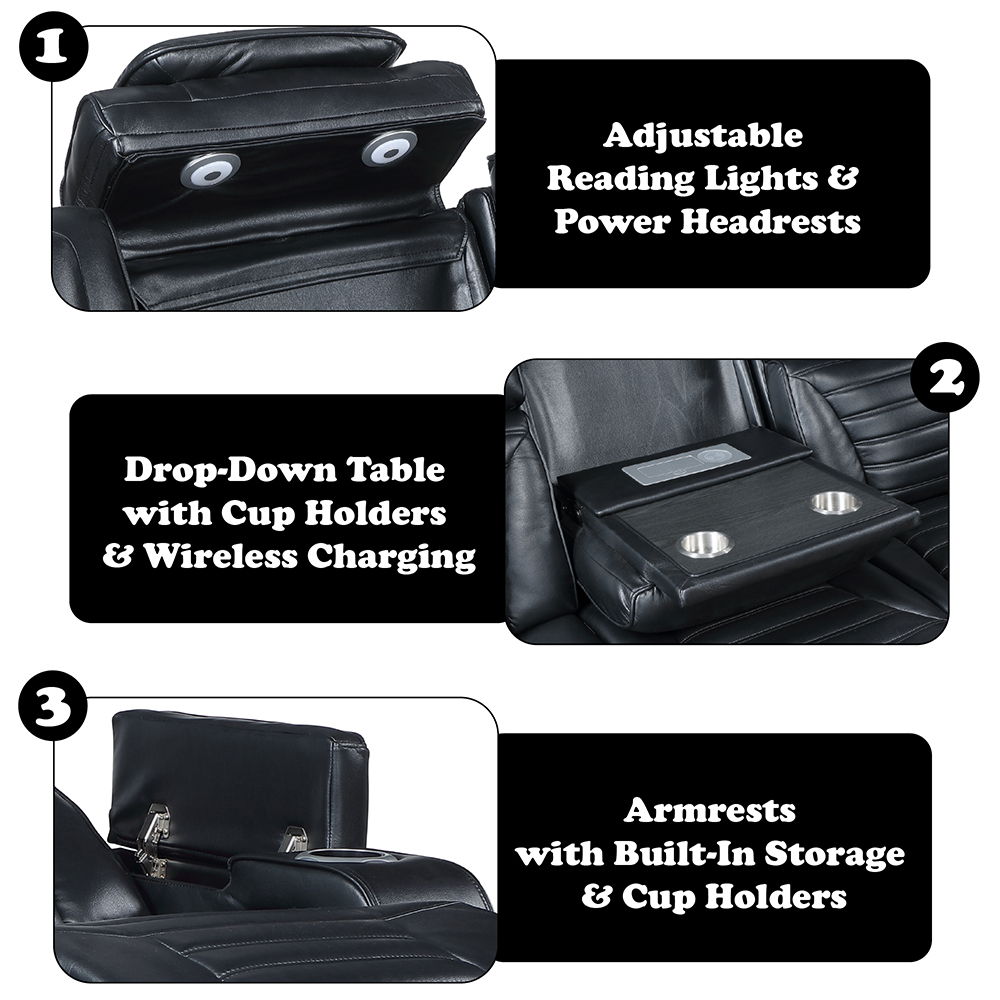 Ephron - Power Motion Sofa With Dropdown Table, Wireless Charging, Reading Light, Power Headrests & LED - Black, black, view 7