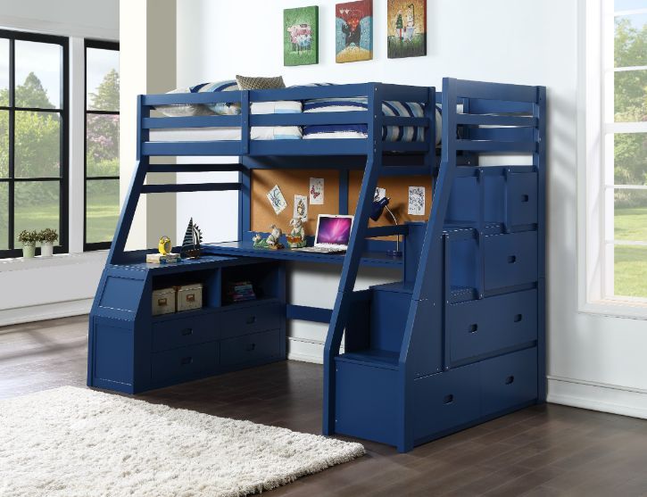 Jason II - Twin Loft Bed With Storage - Navy Blue, blue