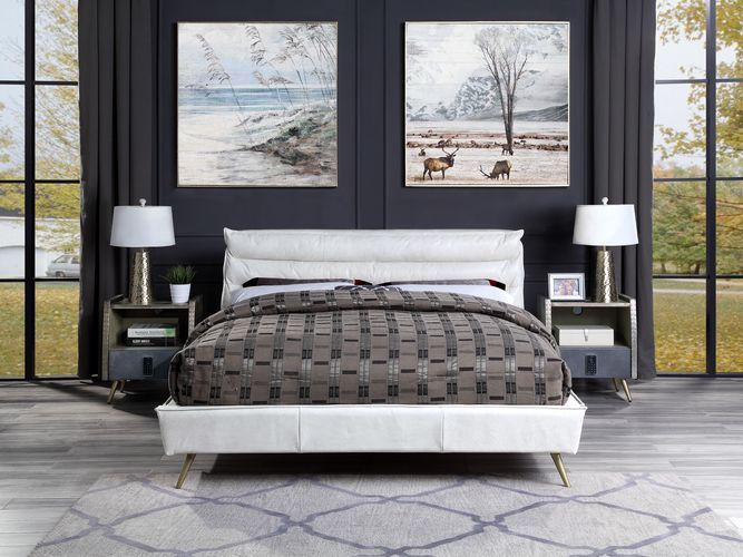 Doris - Queen Bed - Vintage White Top Grain Leather, white