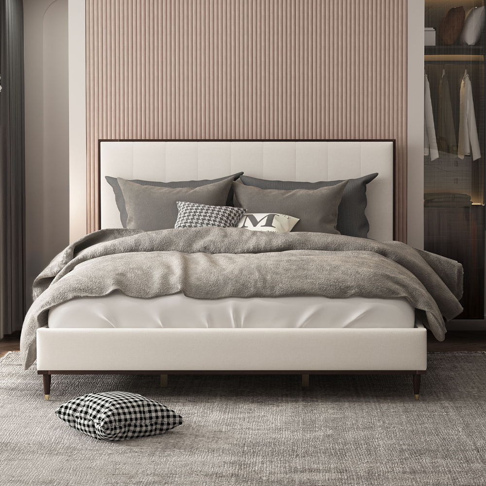 Carena - Queen Bed - Light Gray Fabric & White & Brown, white