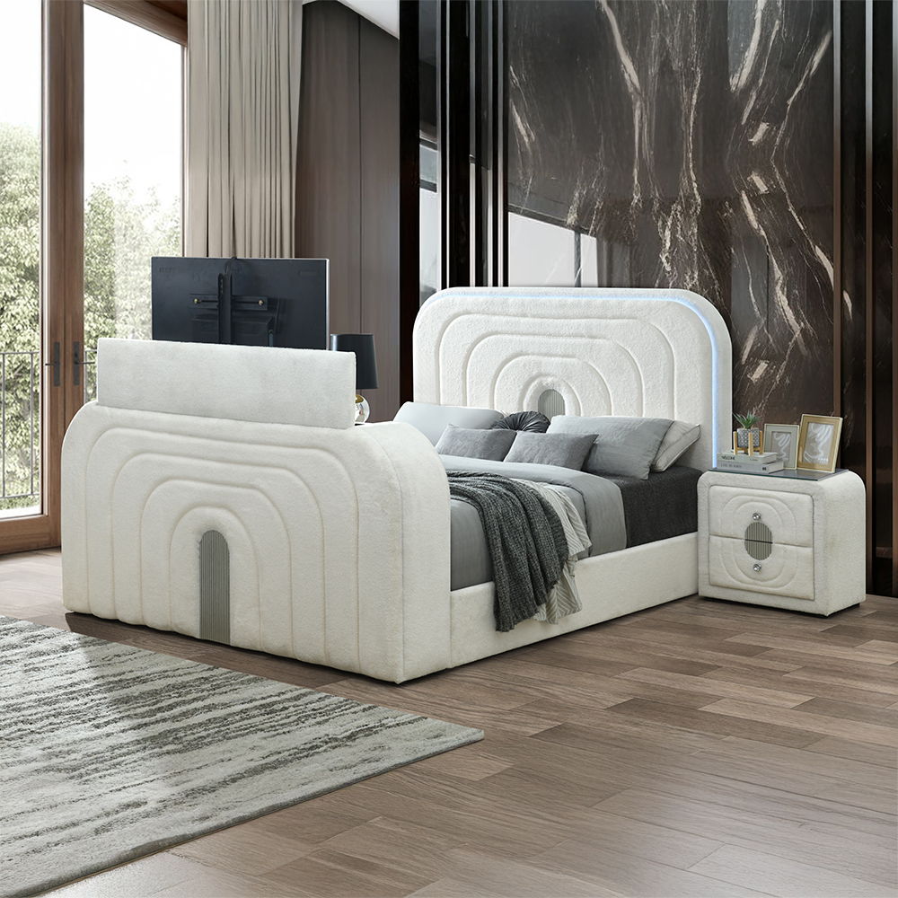 Shelyn - Queen Bed With LED, TV Cabinet, Fireplace & Bluetooth - White Teddy Sherpa & Chrome, white, view 8