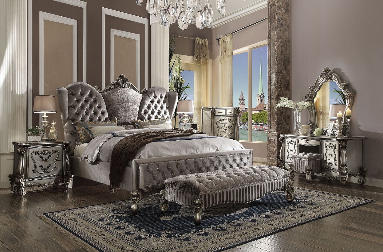 Versailles - Queen Bed - Velvet & Antique Platinum, silver