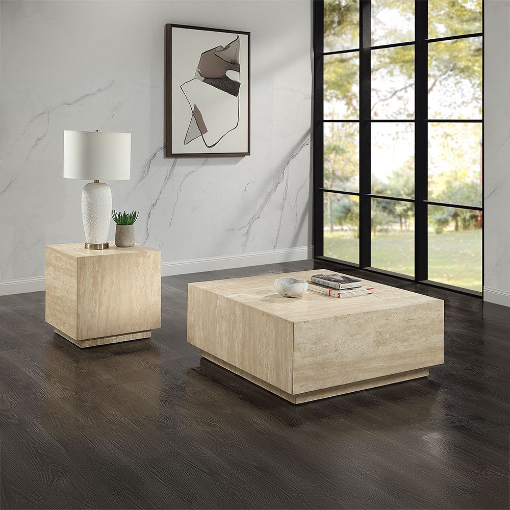 Deon - End Table - Beige Travertine, beige