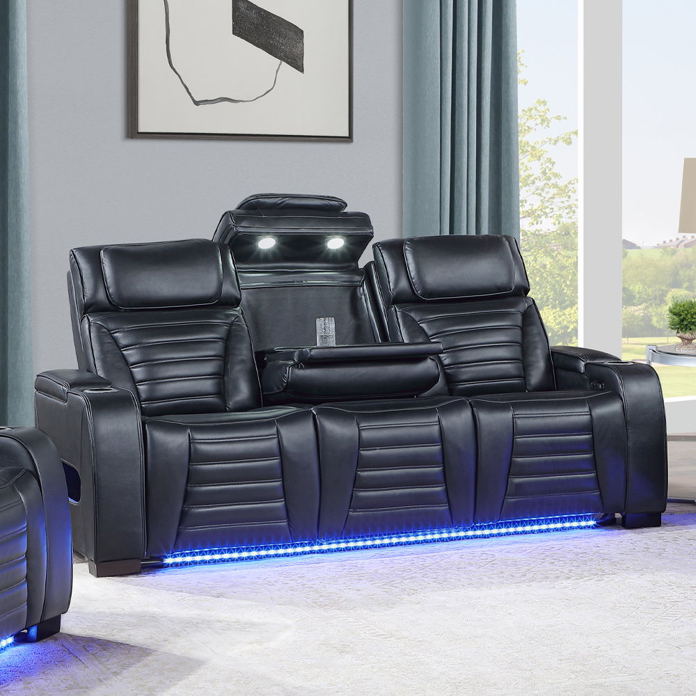 Ephron - Power Motion Sofa With Dropdown Table, Wireless Charging, Reading Light, Power Headrests & LED - Black, black