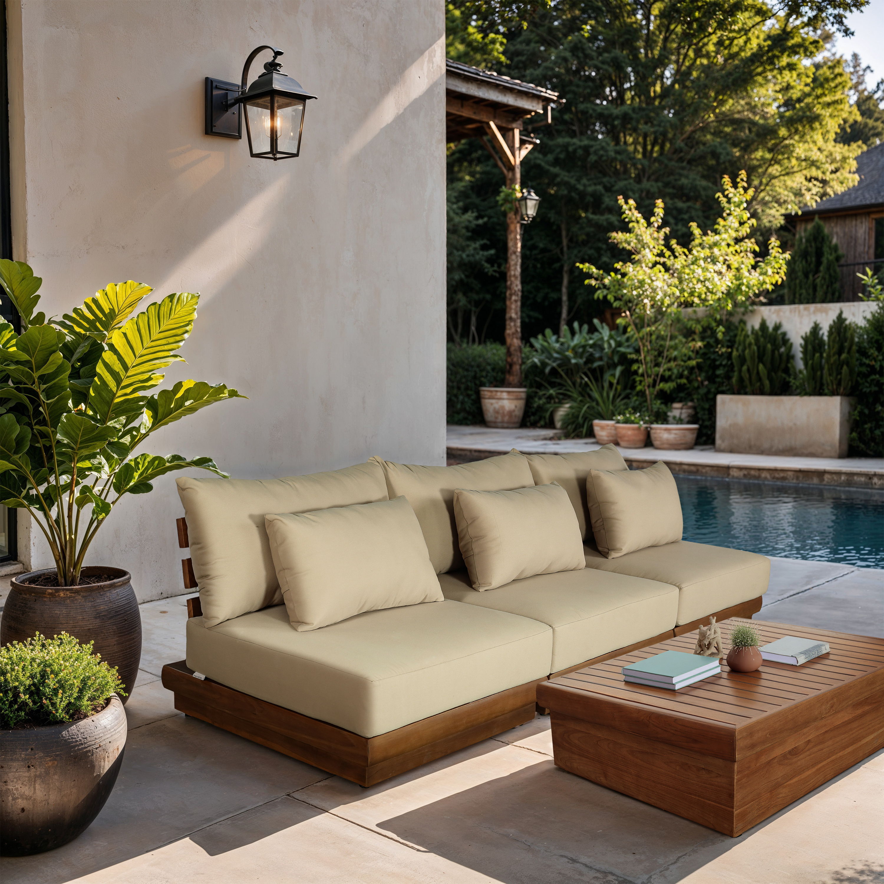 Mirella - 3 Piece Water Resistant Fabric 111" Outdoor Patio Modular Sofa - Tan