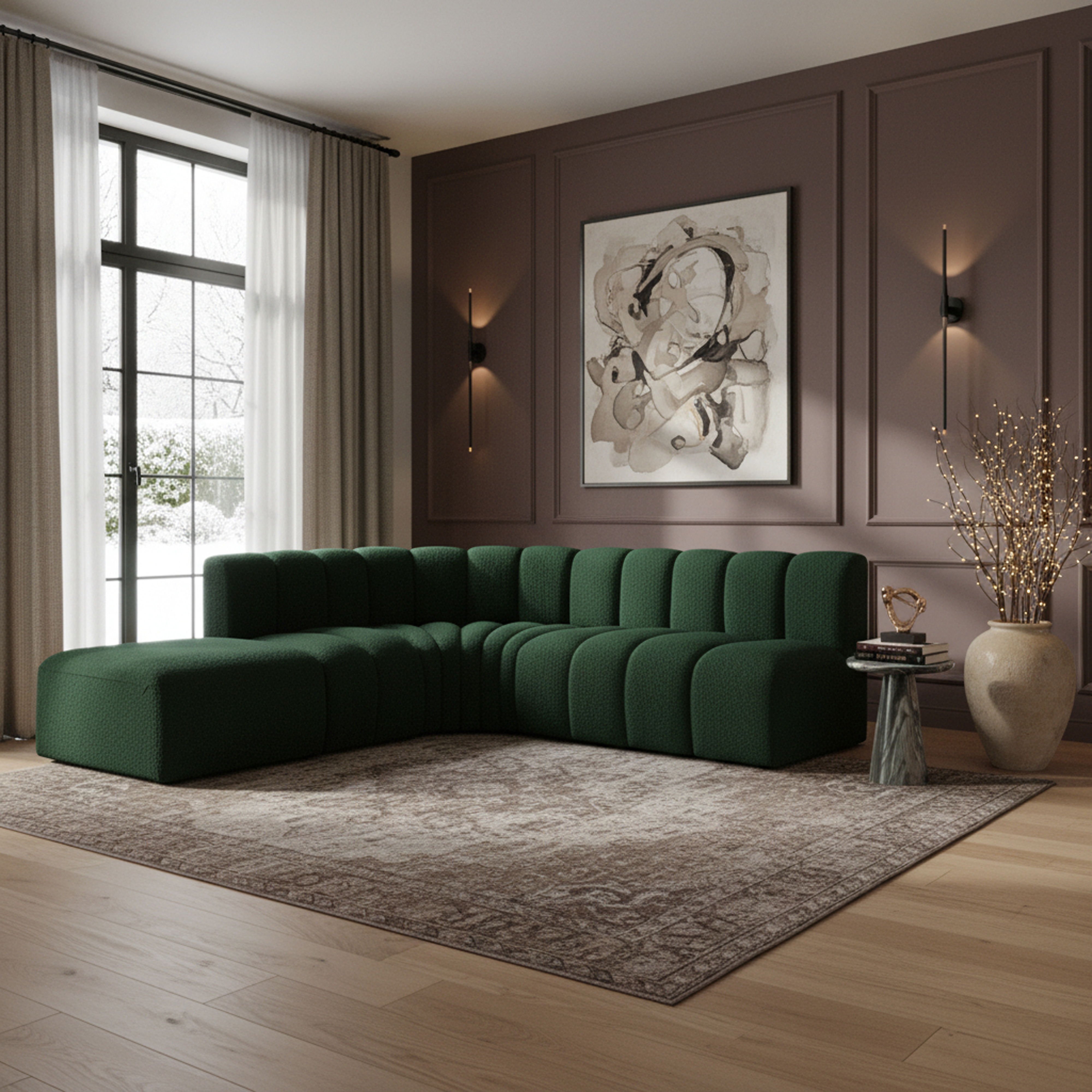 Arc - Boucle Fabric 5 Piece Corner Modular Sofa - Green