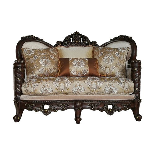 Devayne - Loveseat With 4 Pillows (Same Lv01583) - Pattern Fabric & Dark Walnut, beige