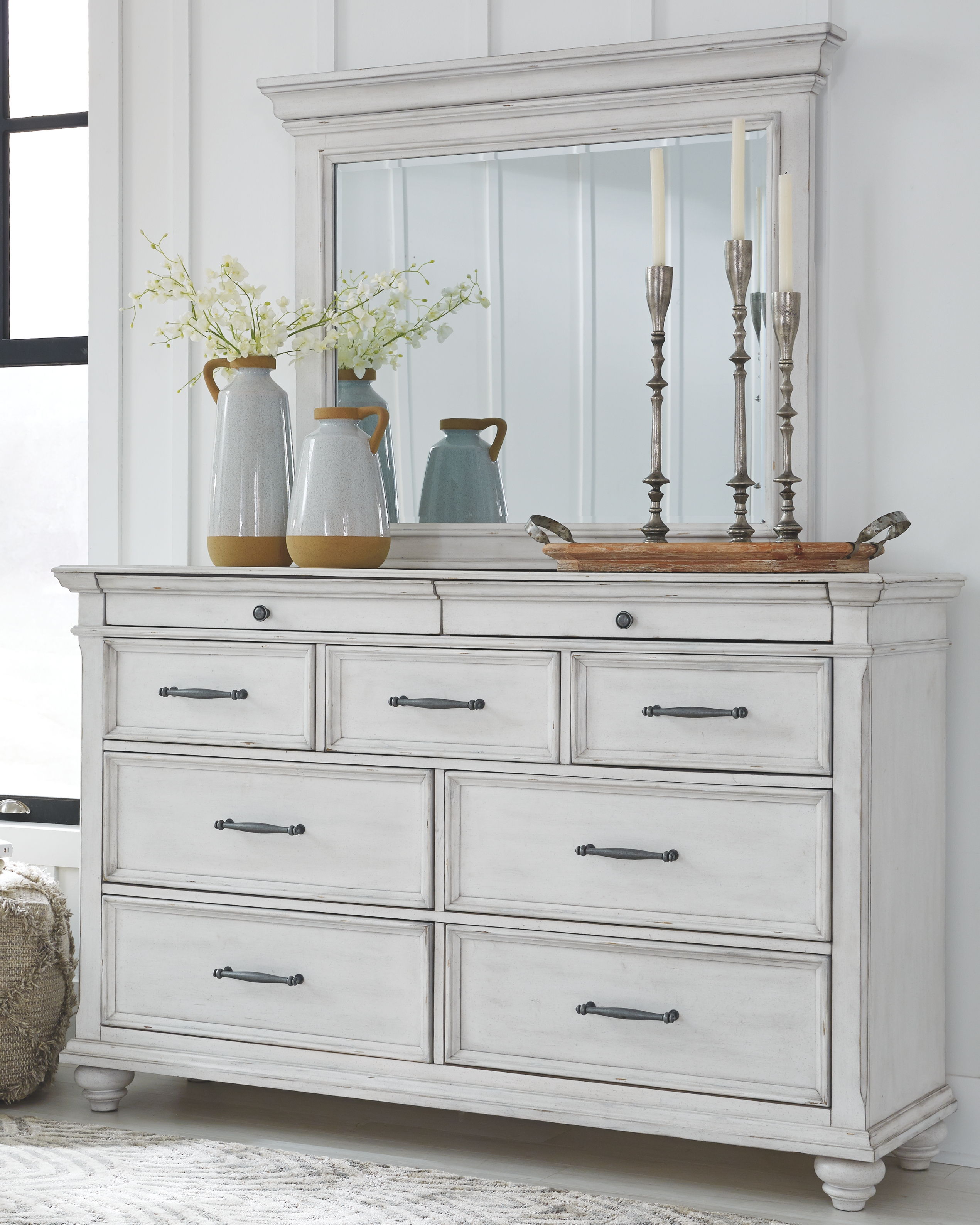 Ashley Furniture Kanwyn - 6 Pc. - Dresser, Mirror, Chest, Queen Panel Bed with Storage Bench - Whitewash - Image 2