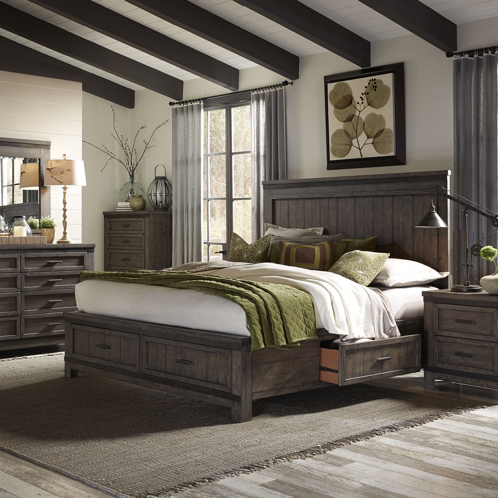 Liberty Furniture Thornwood Hills - 5 Piece Bedroom Set (Queen Two Sided Storage Bed, Dresser & Mirror, Chest, Nightstand) - Dark Brown