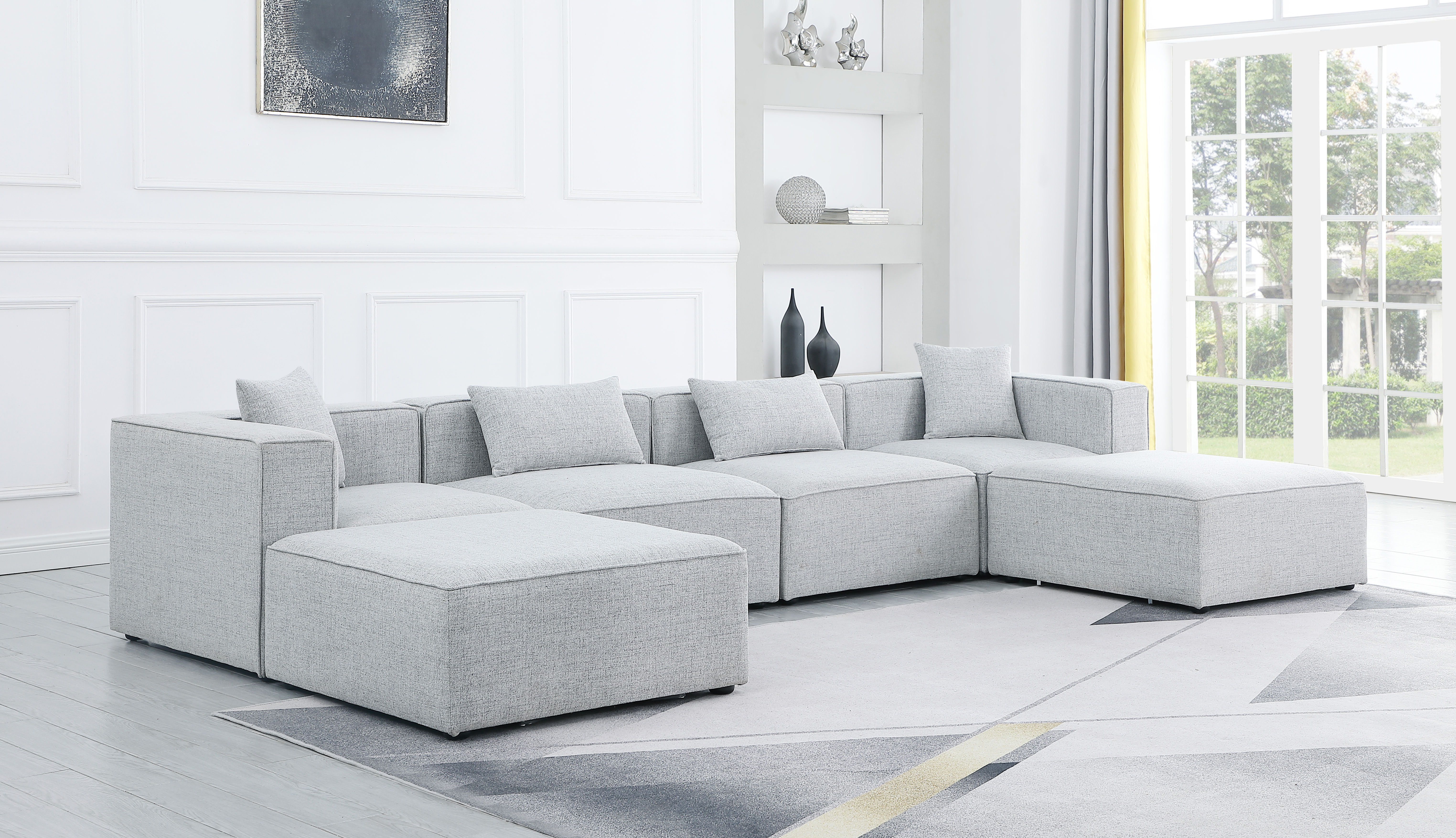 Cube - Linen 6 Piece Modular Double Chaise Sectional - Gray