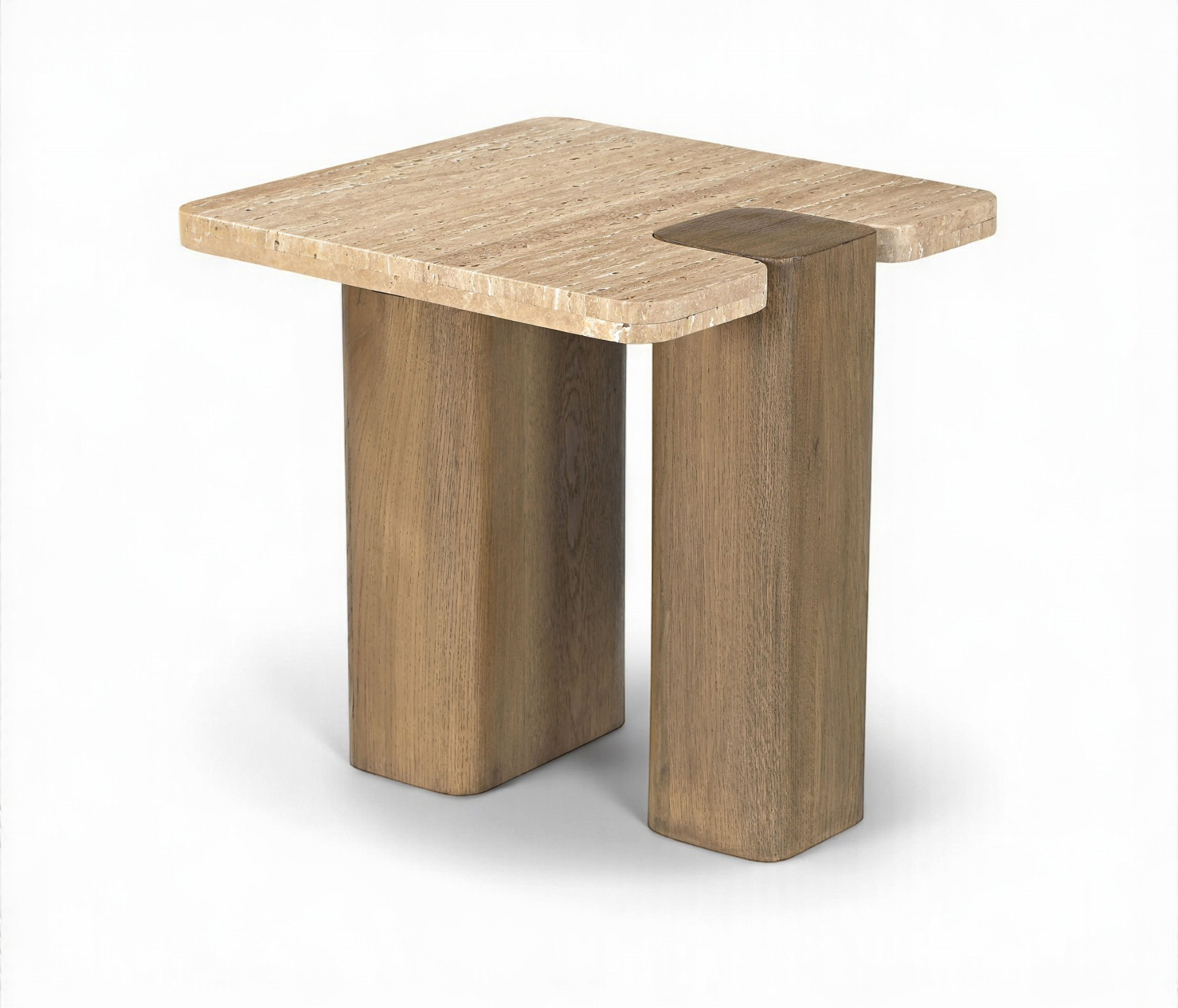 Ravenna - Genuine Fabric Travertine And Oak Wood End / Side Table - Natural
