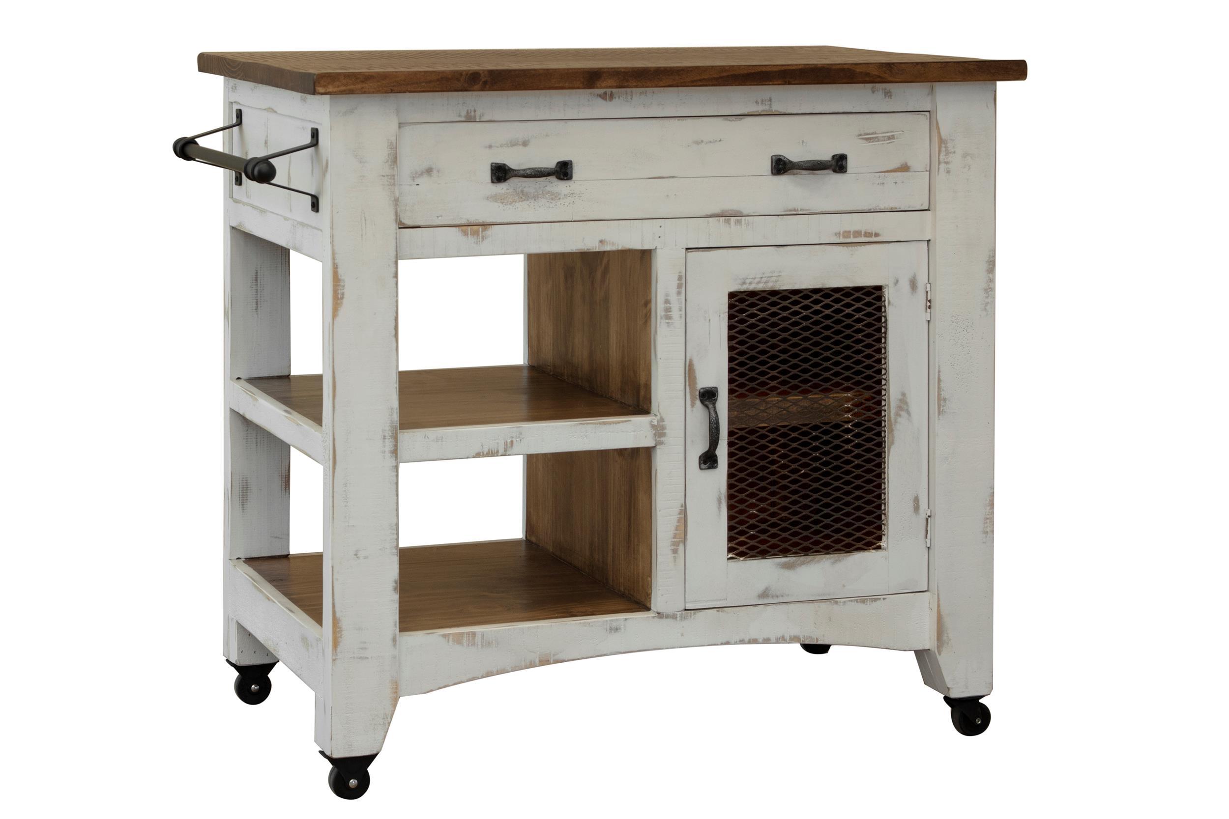 International Furniture Direct Pueblo White - Kitchen Island With 1 Drawer / 1 Mesh Door - Antiqued White / Brown