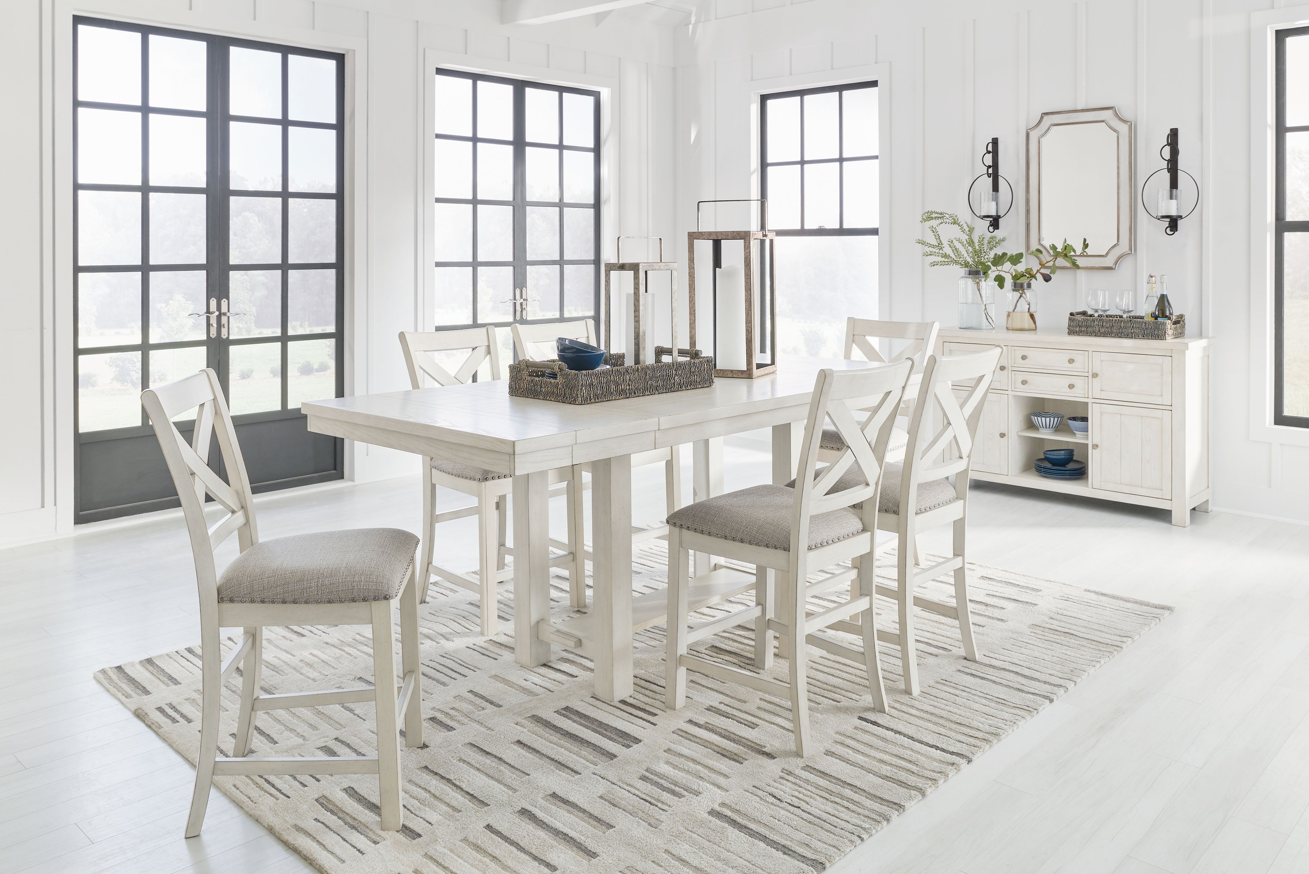 8 Pc · Rectangular Counter Height Dining Extension Table, 6 Barstools, Server