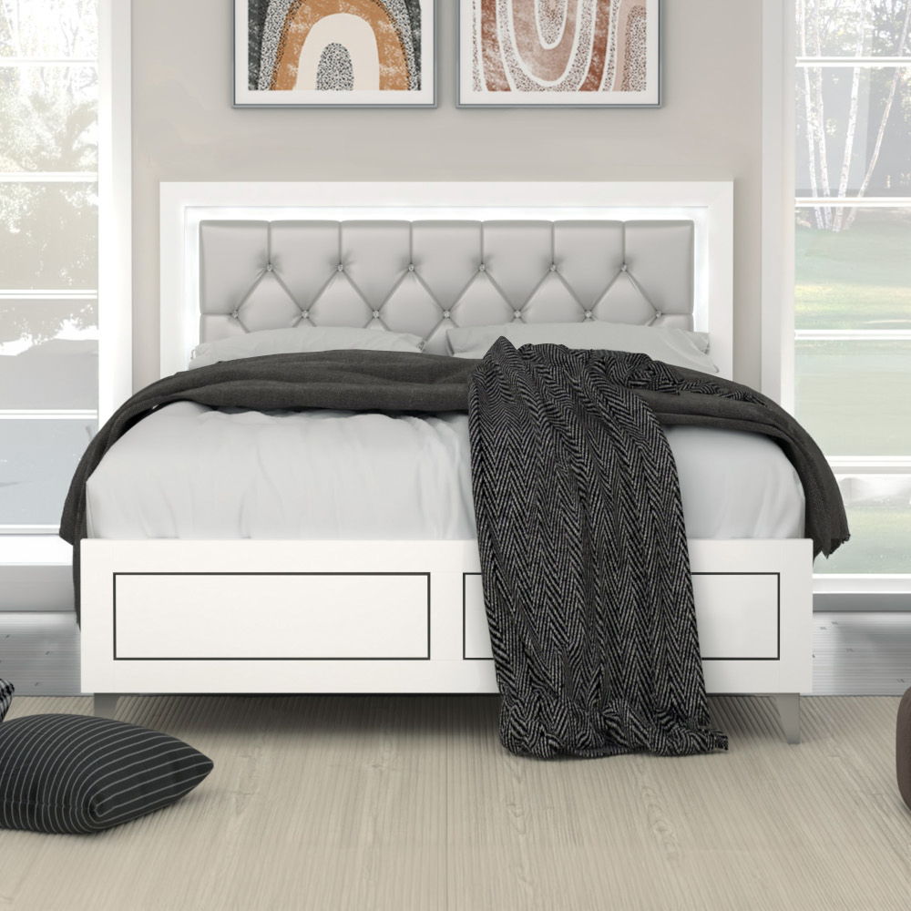 Casilda - Queen Bed With LED - Gray Synthetic Leather & White, white