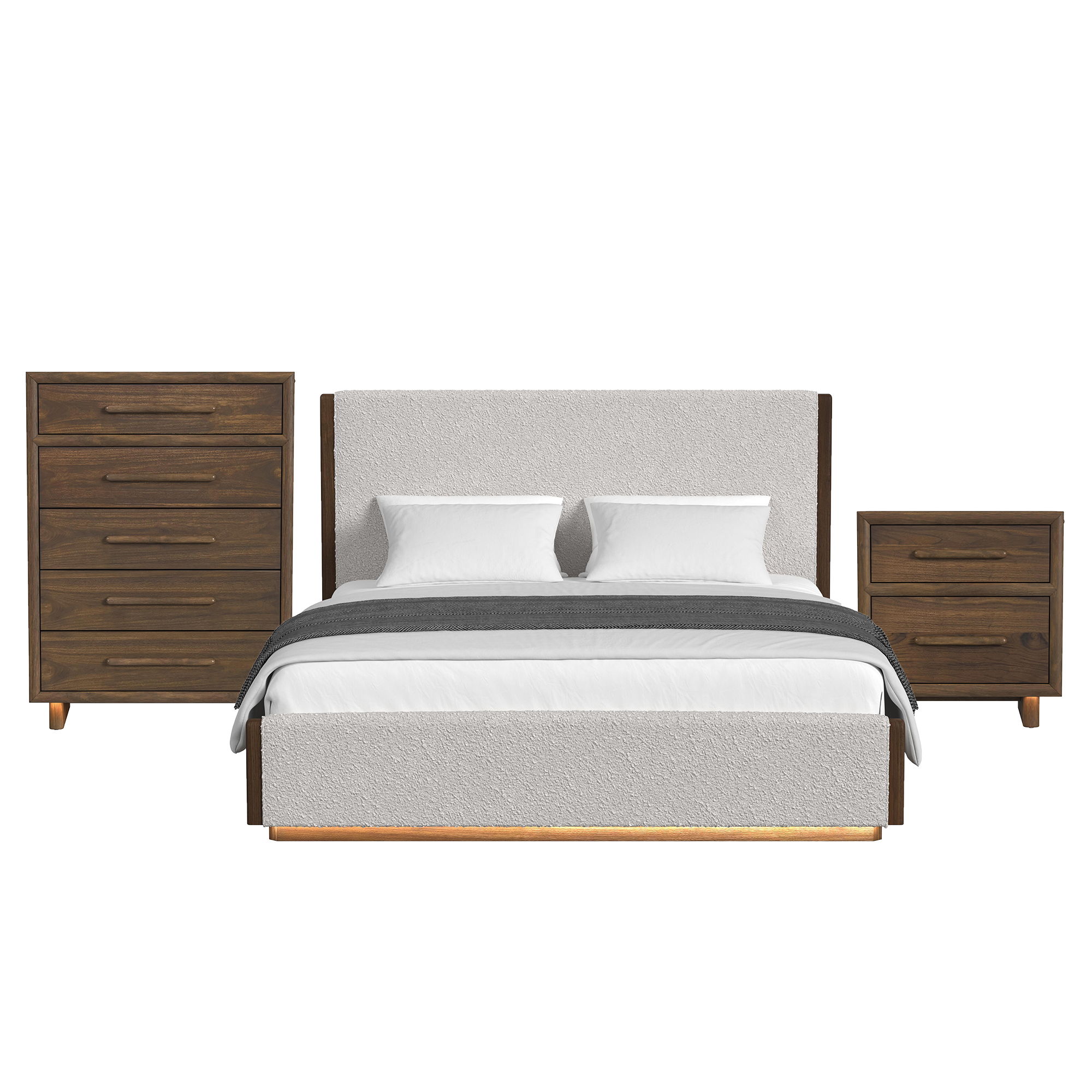 King · 3 Pc · Bedroom Set With Boucle And LED