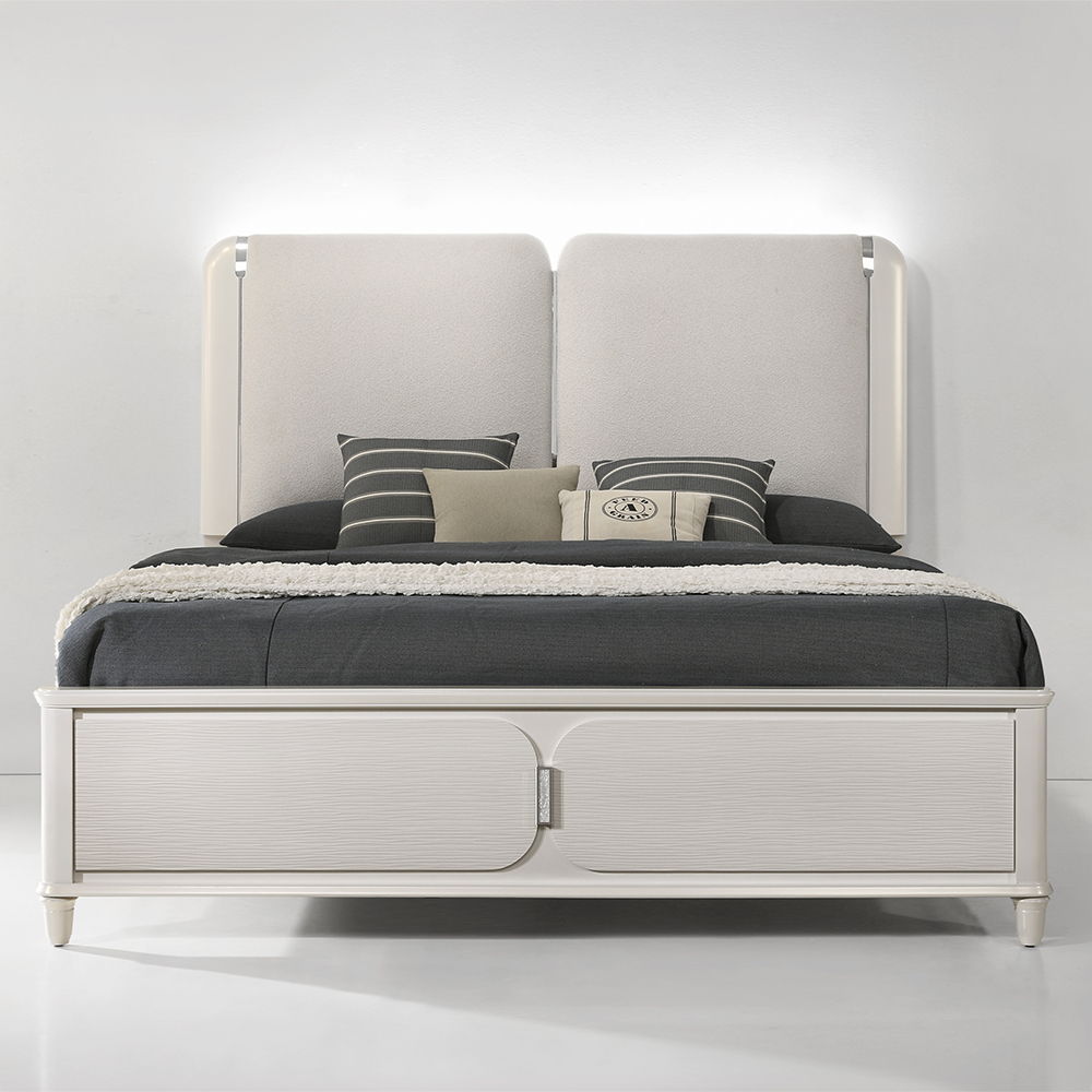 Laveda - Queen Bed With LED - Light Gray Boucle & Pearl White, white, view 8