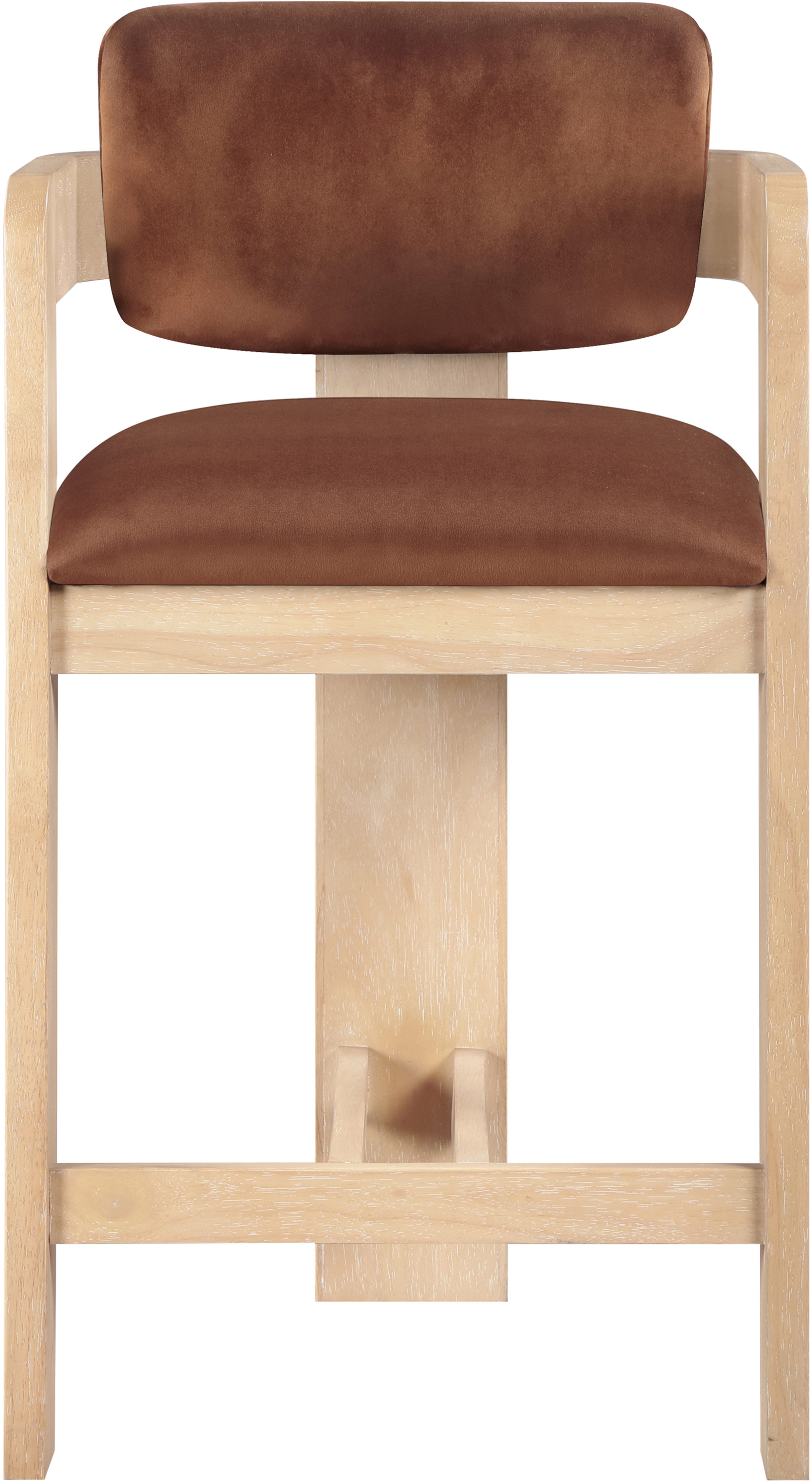 Sacha - Velvet Stool With Natural Base - Cognac
