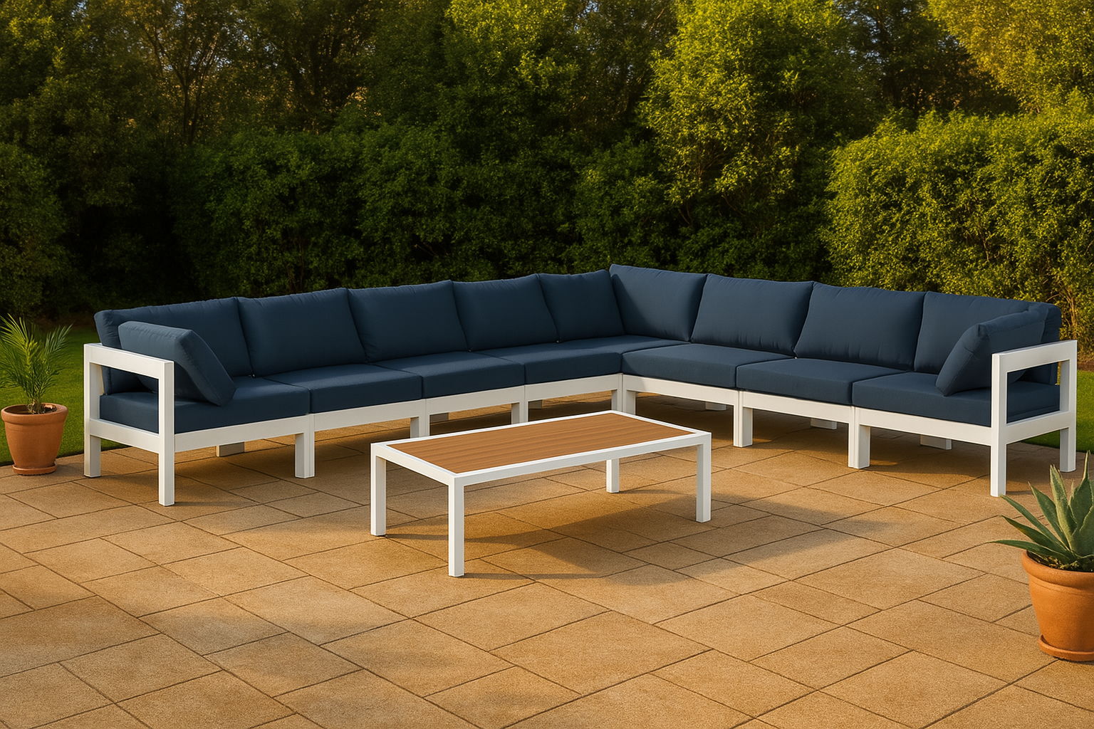 Nizuc - Outdoor Patio 8 Piece Modular Sectional With White Frame - Navy