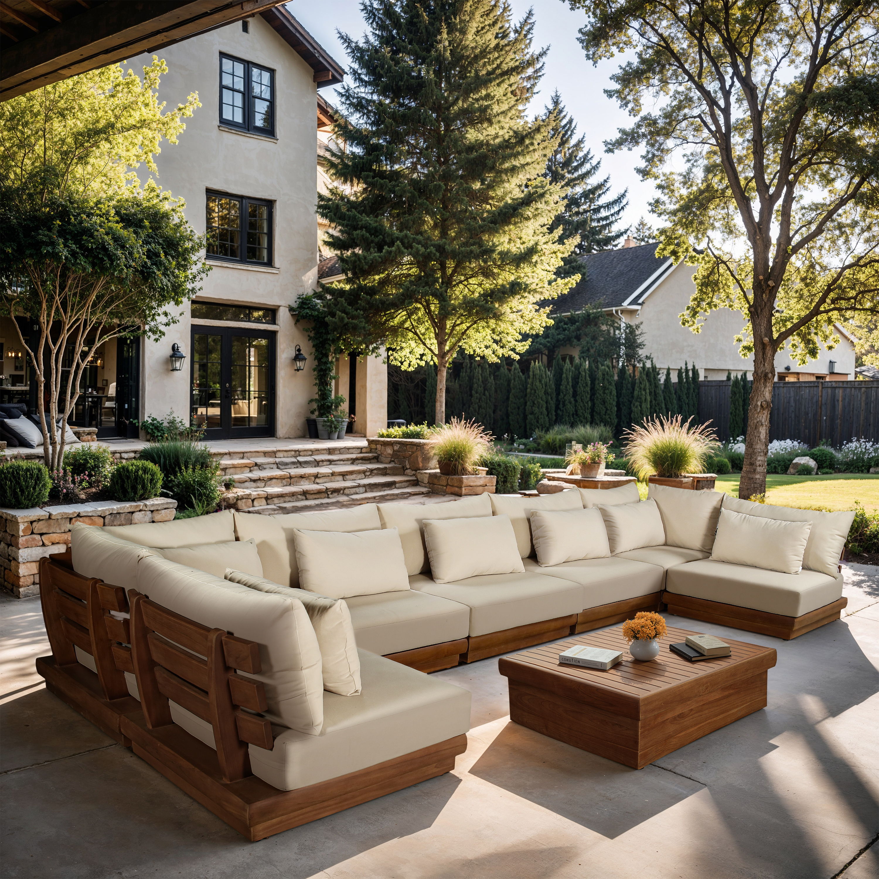 Mirella - 7 Piece Water Resistant Fabric 187" Upholstered Outdoor Patio Modular Sectional - Tan