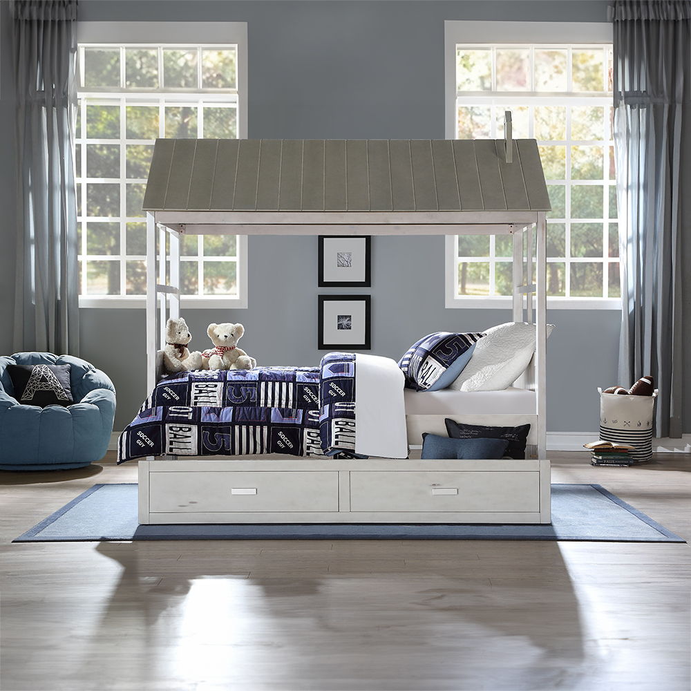 Tree House II - Twin Bed - Weathered White & Washed Gray, white