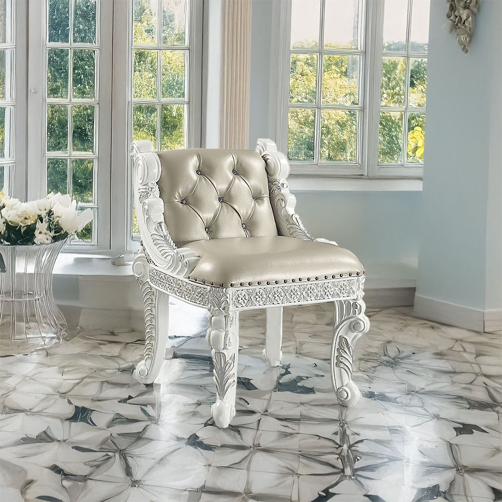 Vanaheim - Vanity Stool - Beige Synthetic Leather & Antique White, beige