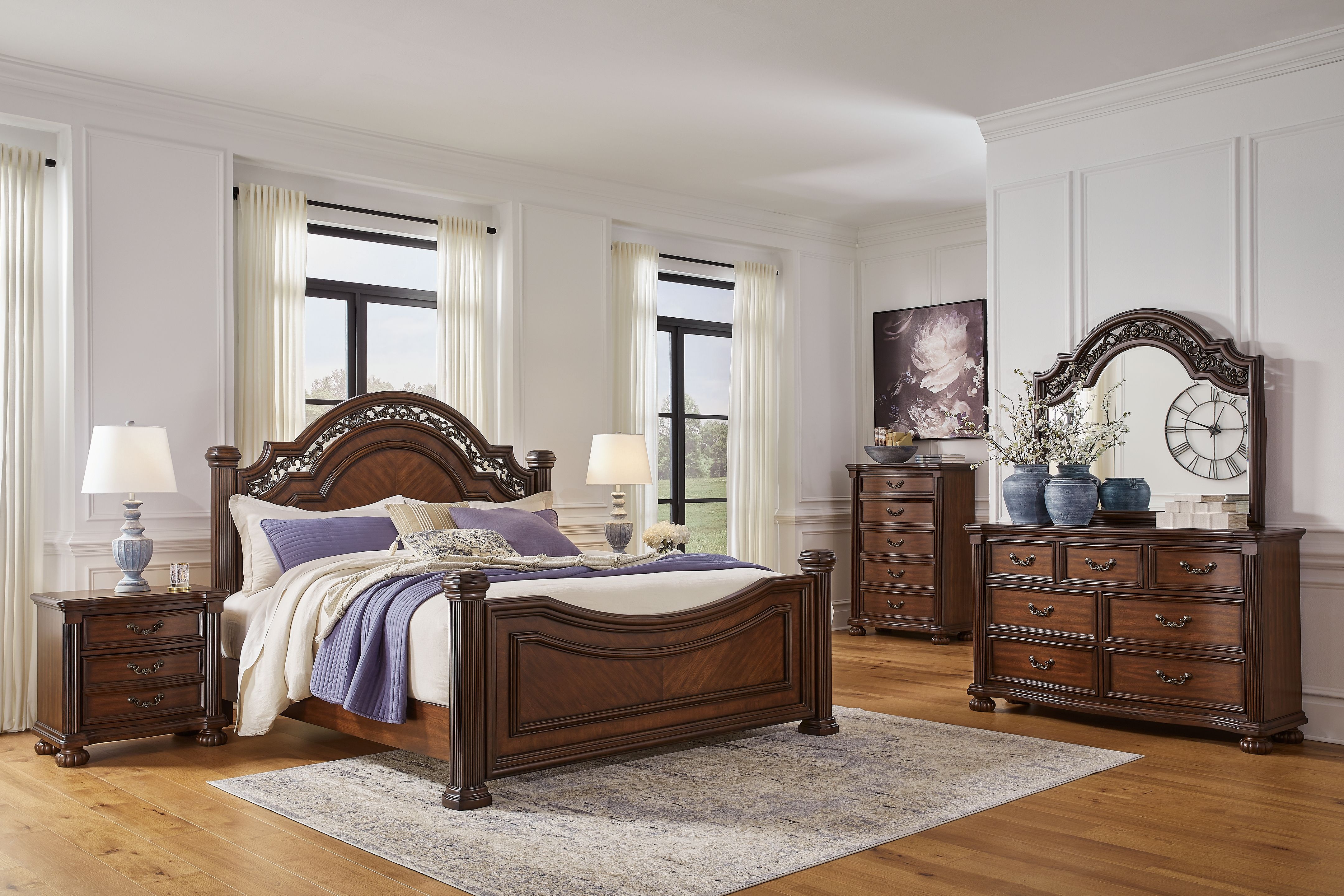 Lavinton - 8 Pc. - Dresser, Mirror, Chest, California King Poster Bed, 2 Nightstands - Brown