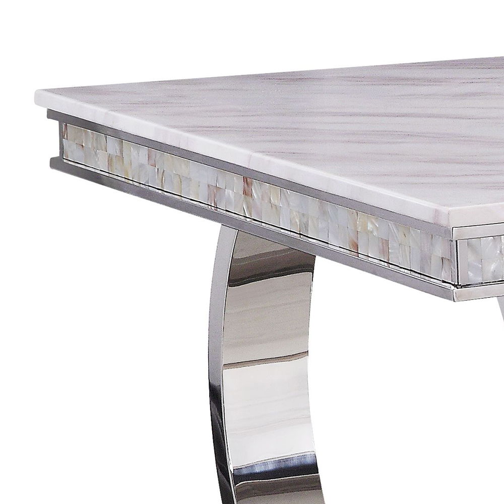 Zander - Dining Table - White Printed Faux Marble Top & Mirrored Silver, white, view 4