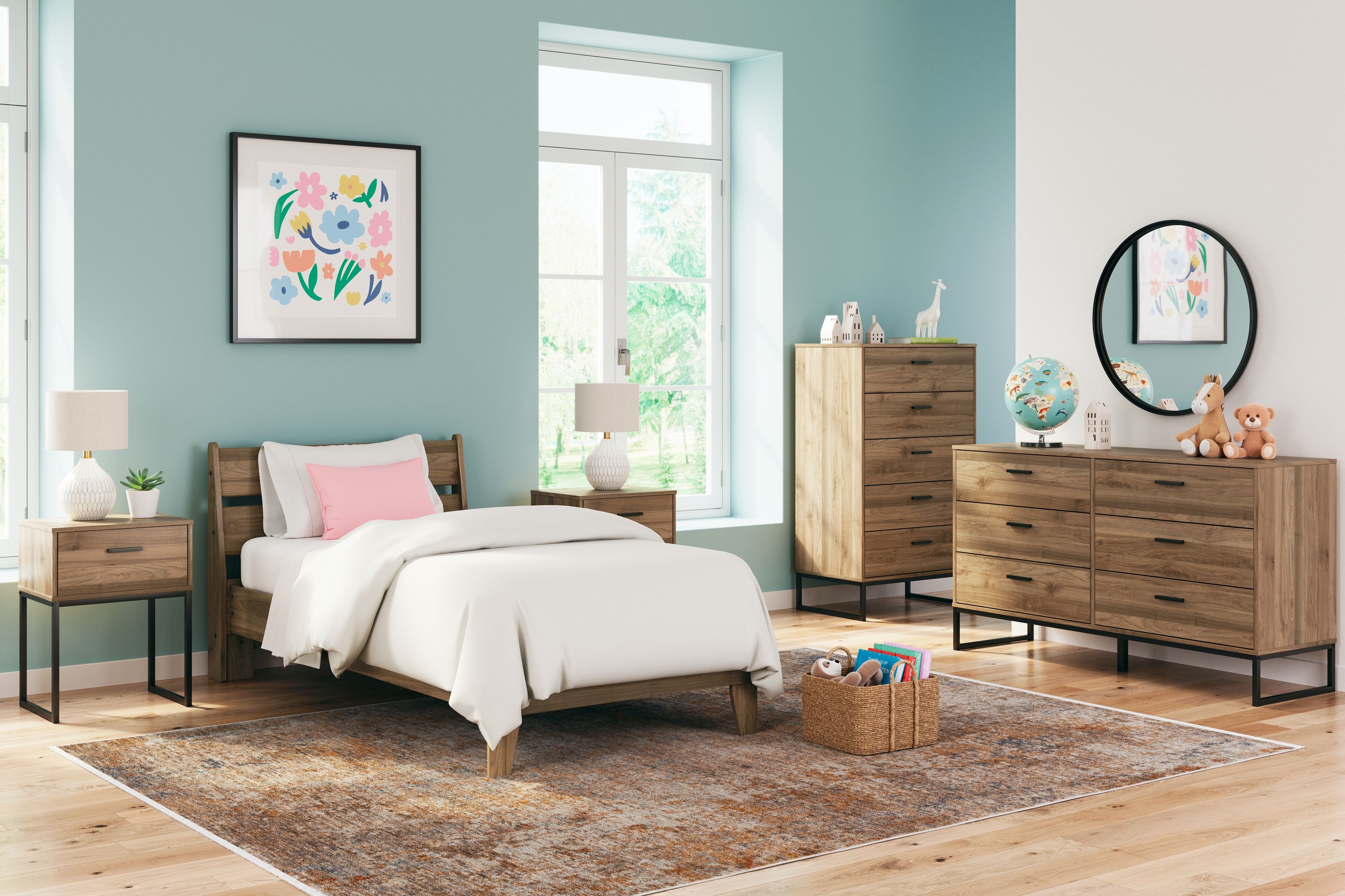 Deanlow - 3 Pc. - Dresser, Twin Platform Panel Bed - Honey