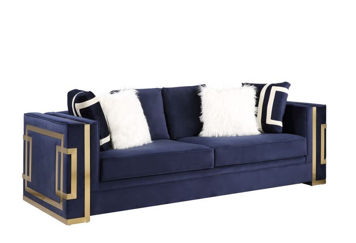 Virrux - Sofa With 6 Pillows - Blue Velvet & Gold, blue
