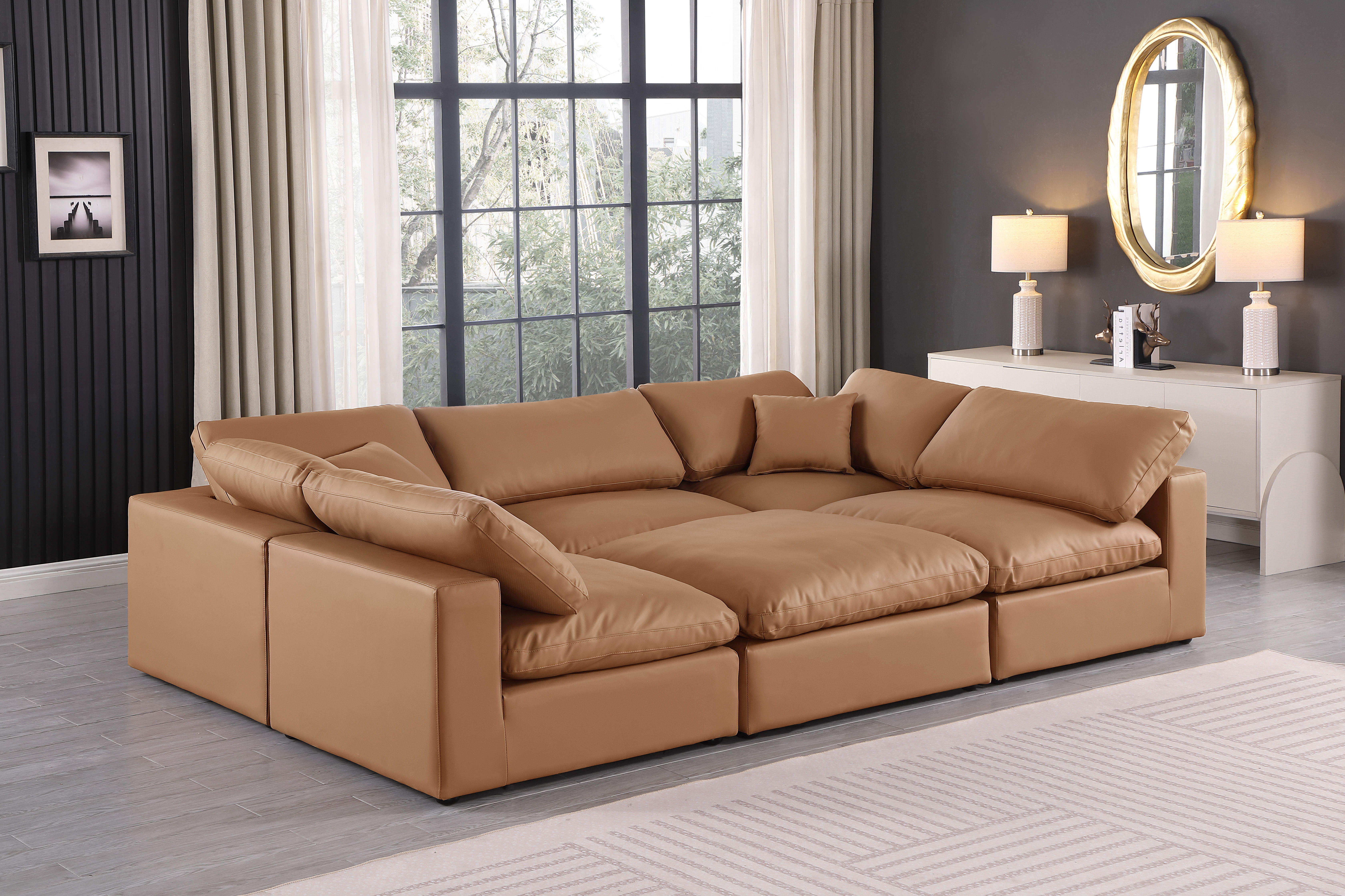 Comfy - 6 Piece Faux Leather Sectional - Cognac