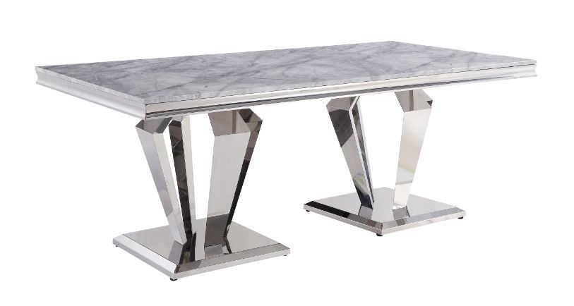 Satinka - Dining Table - Light Gray Printed Faux Marble Top & Mirrored Silver, light gray