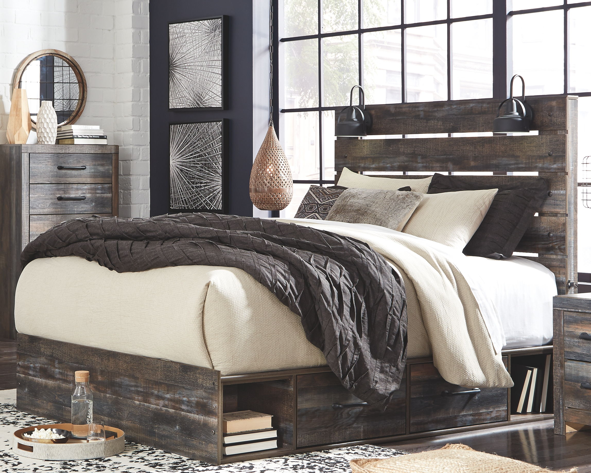 Ashley Furniture Drystan - 9 Pc. - Dresser, Mirror, Chest, Queen Panel Bed with 2 Side Drawers, 2 Nightstands - Brown / Beige - Image 5