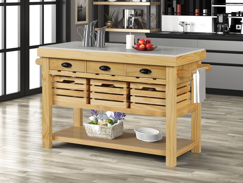 Grovaam - Kitchen Island - Marble Top & Natural, beige