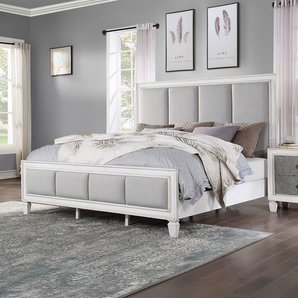 Katia - Queen Bed - Light Gray Linen, Rustic Gray & Weathered White, white