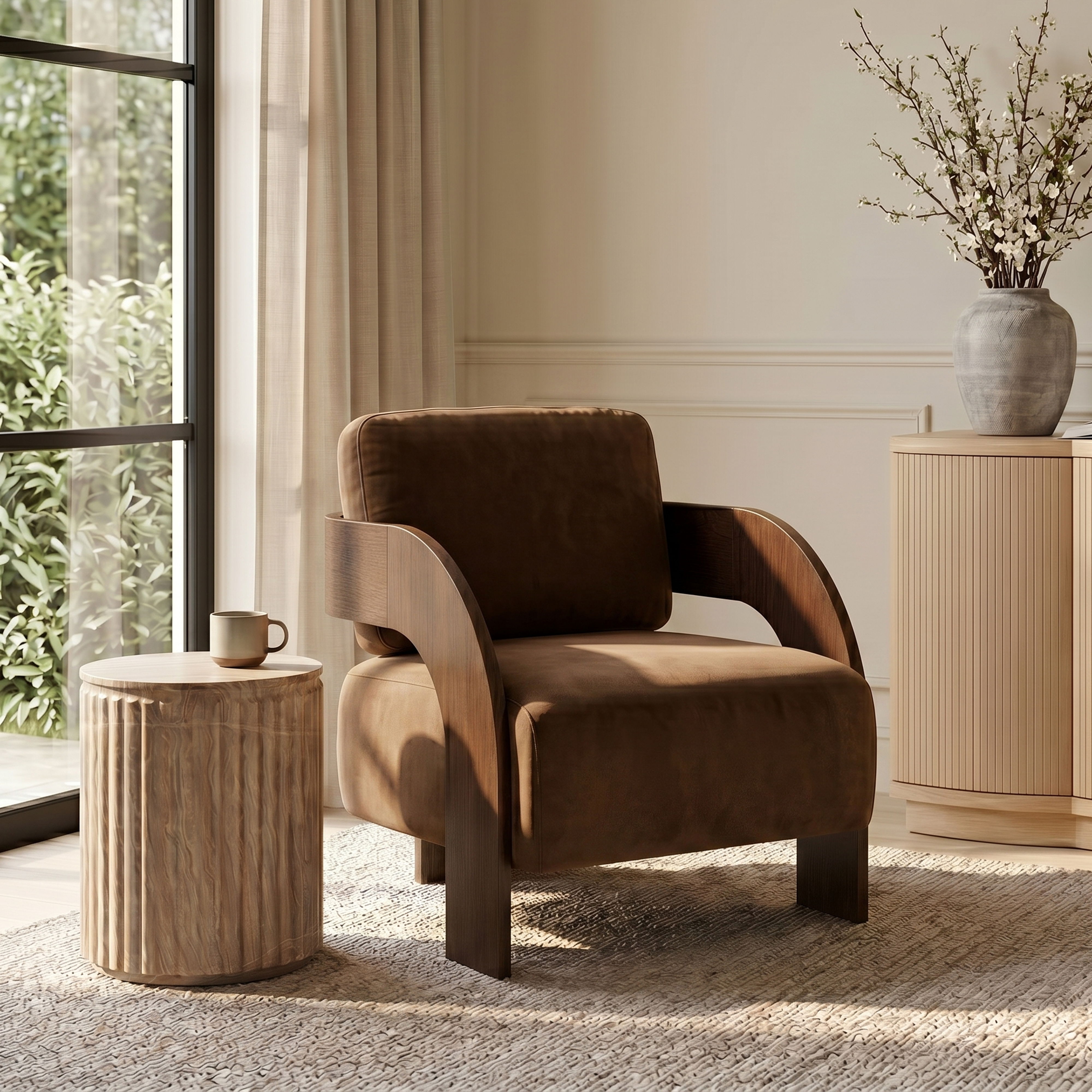 Cedra - Velvet Performance Fabric Upholstered Accent Chair - Saddle / Brown