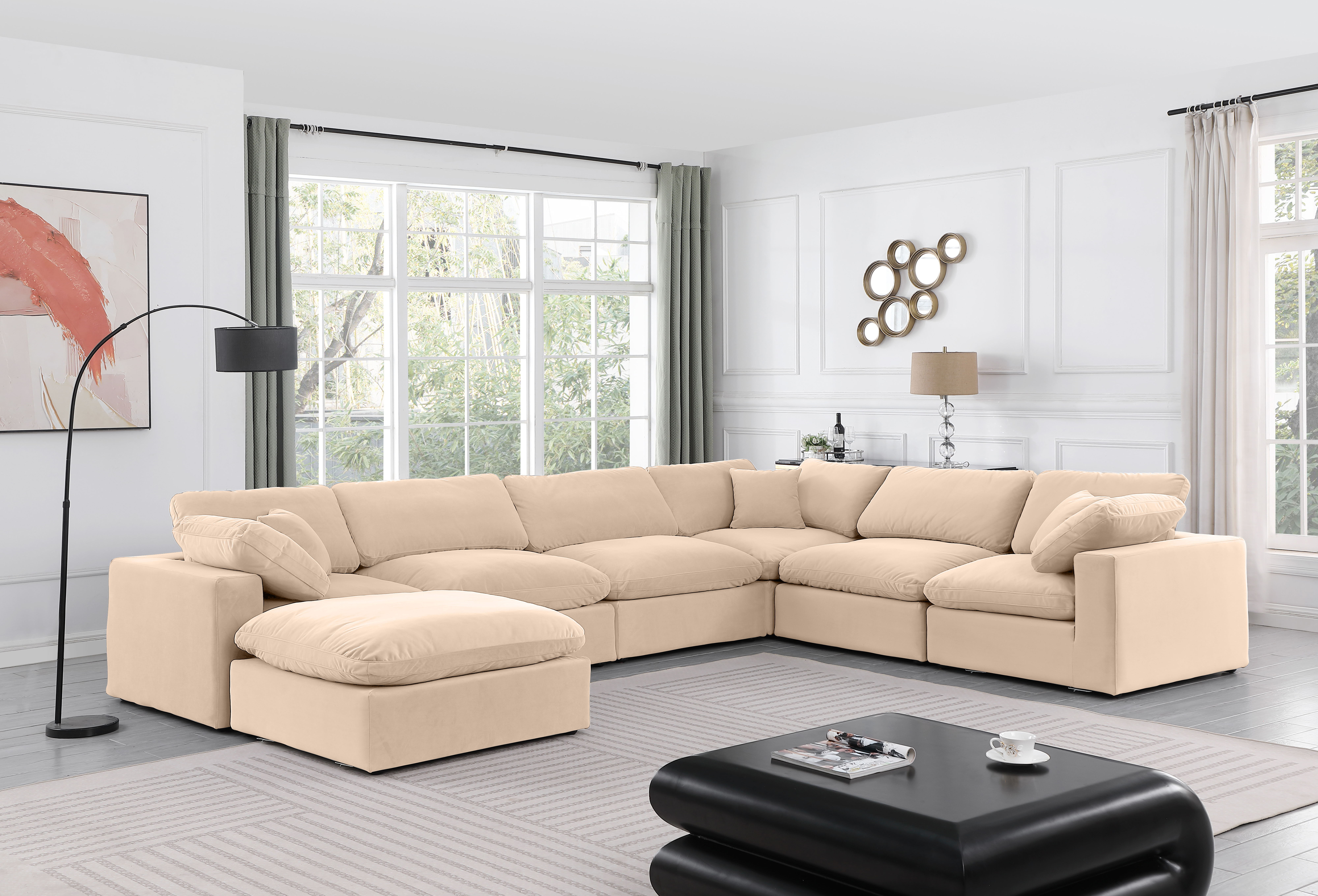 Comfy - 7 Piece Velvet Modular Sectional With Chaise - Light Beige