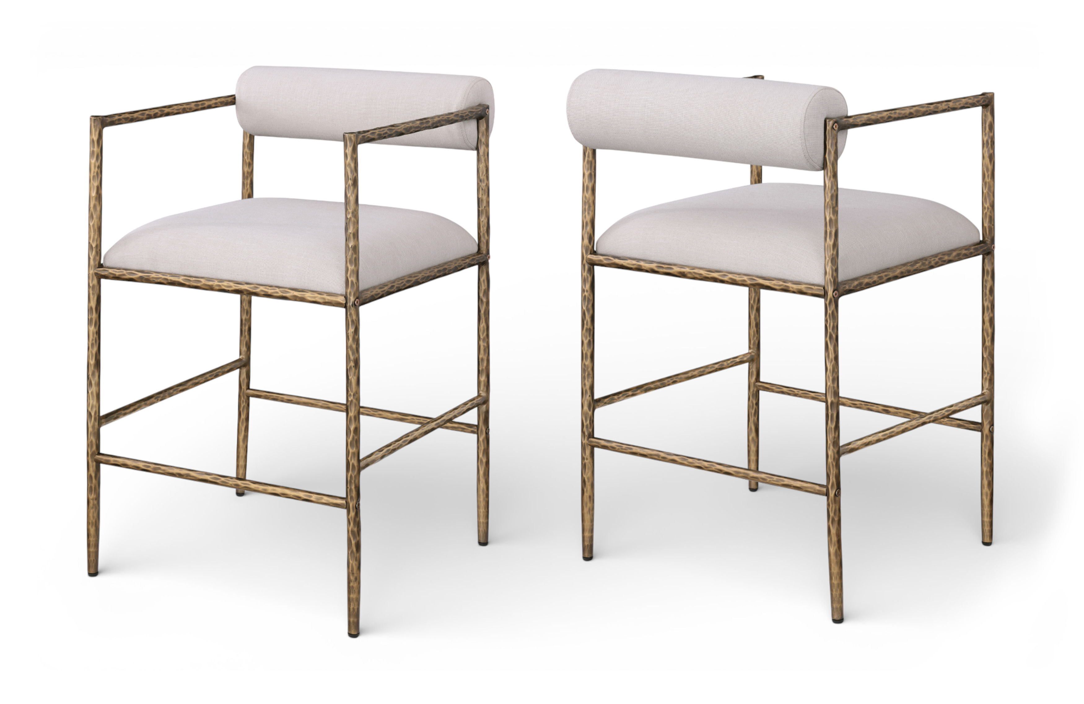 Axis - Linen Textured Fabric Upholstered Counter Stool (Set of 2) - Beige / Powder Coated Brushed Brass